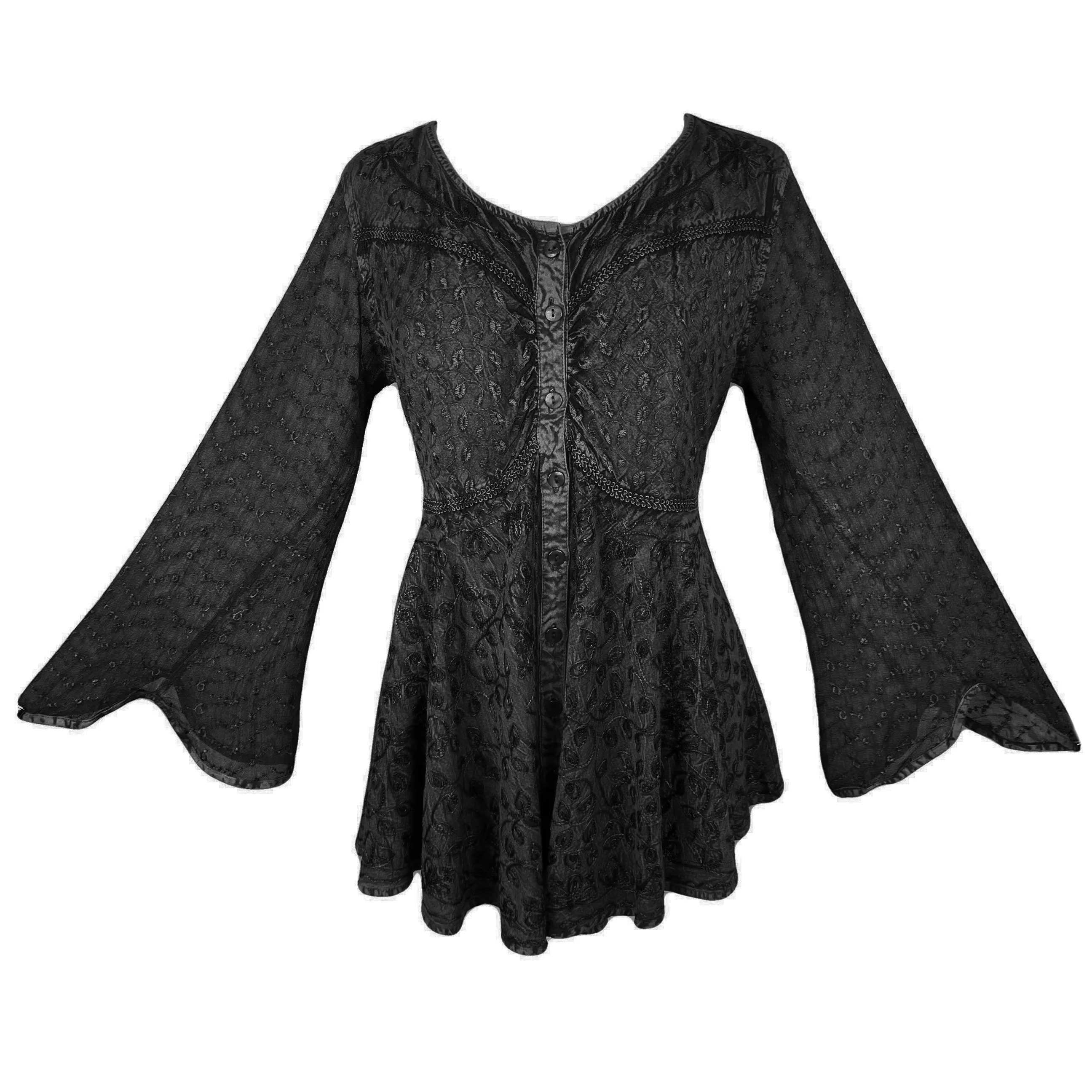 301 B Sexy Scooped Neck Sheer Sleeve Embroidered Flare Blouse