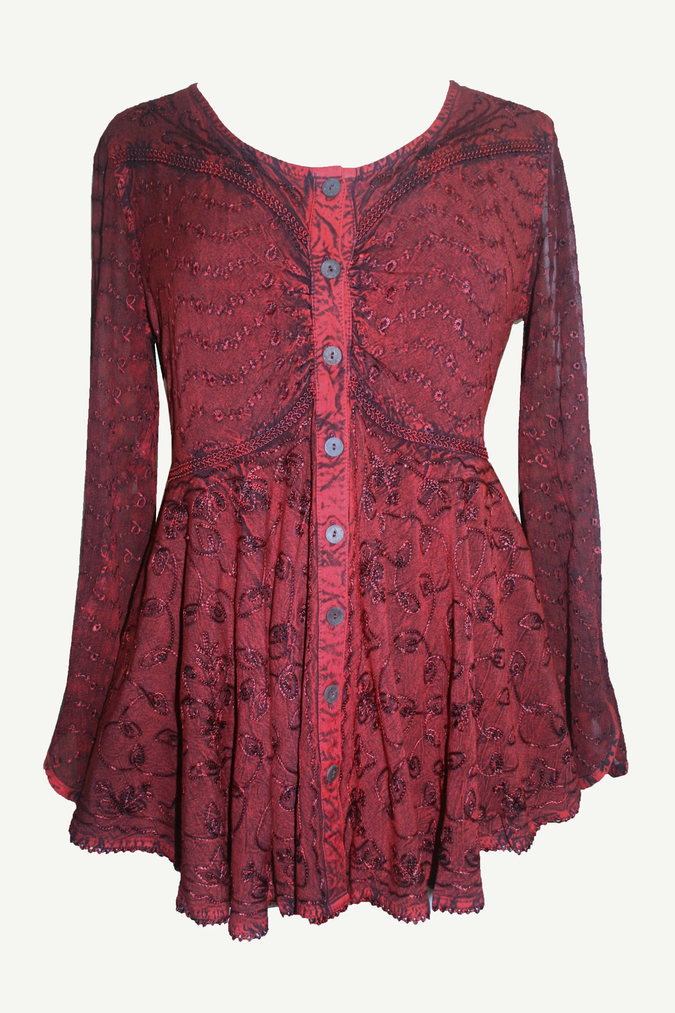 301 B Sexy Scooped Neck Sheer Sleeve Embroidered Flare Blouse