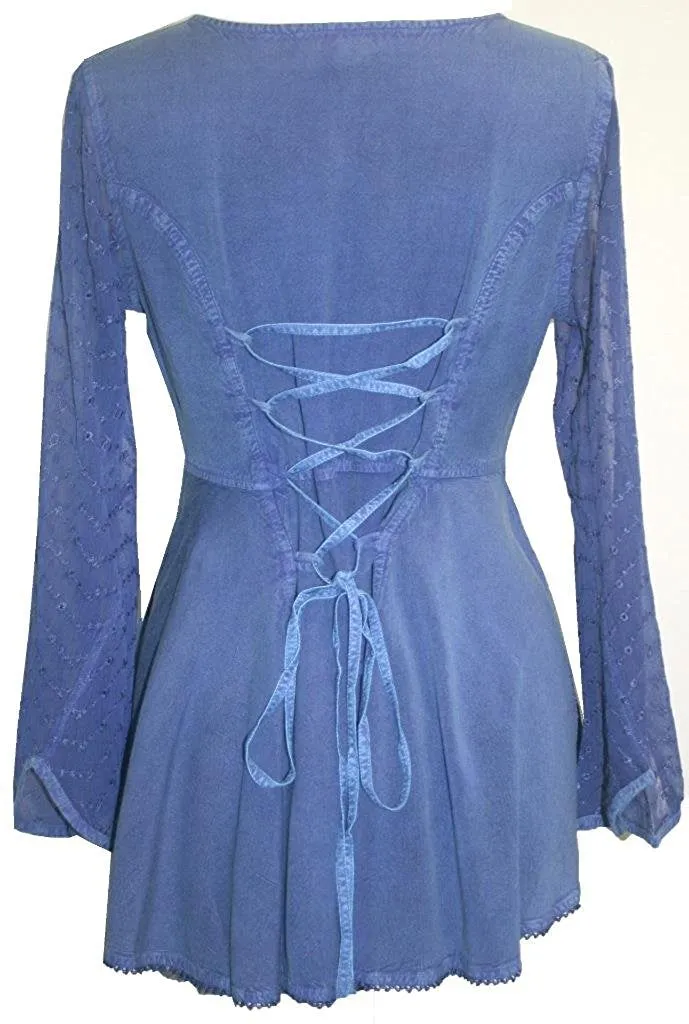 301 B Sexy Scooped Neck Sheer Sleeve Embroidered Flare Blouse