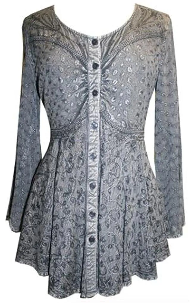 301 B Sexy Scooped Neck Sheer Sleeve Embroidered Flare Blouse