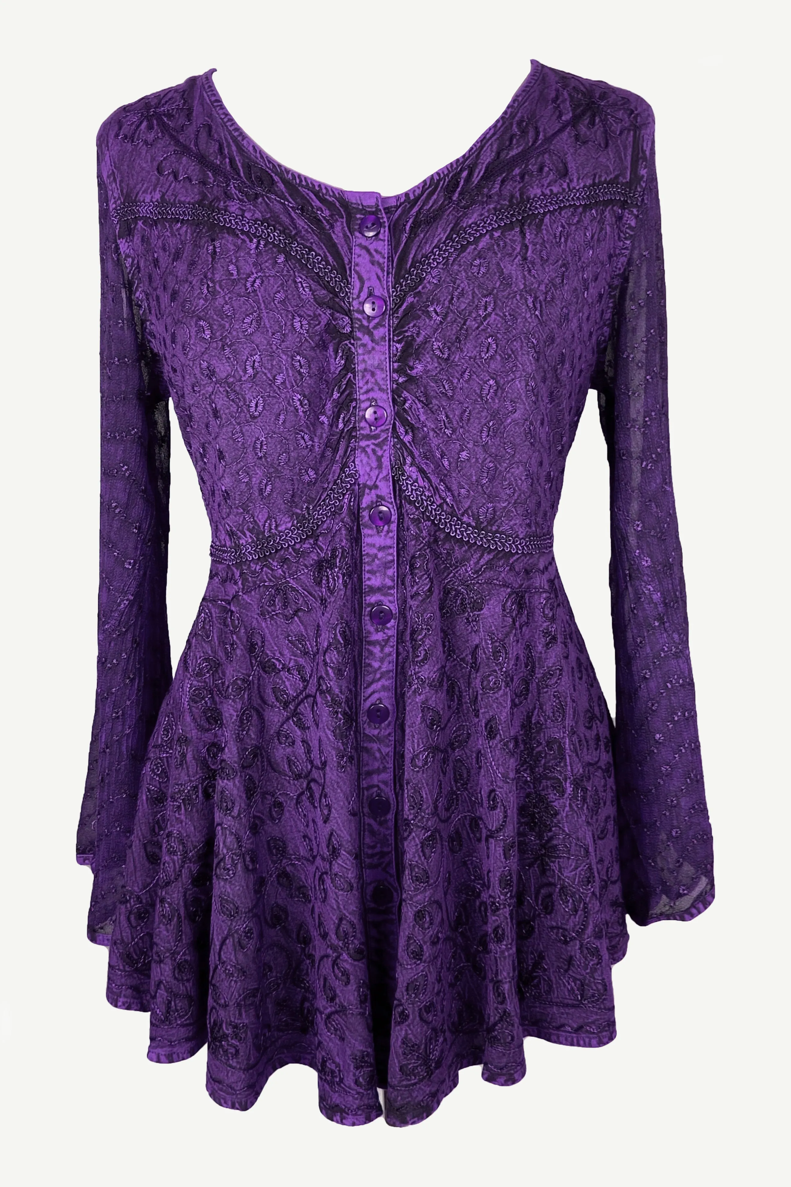 301 B Sexy Scooped Neck Sheer Sleeve Embroidered Flare Blouse