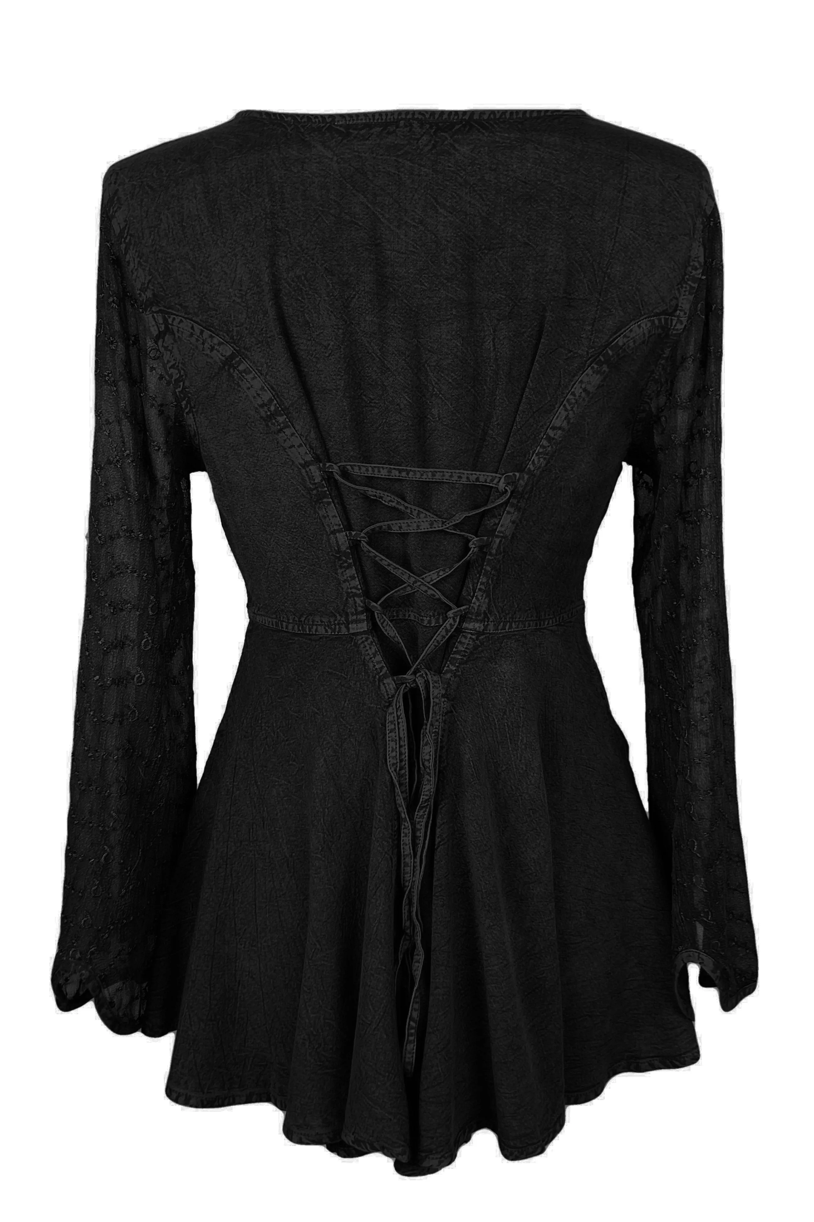 301 B Sexy Scooped Neck Sheer Sleeve Embroidered Flare Blouse