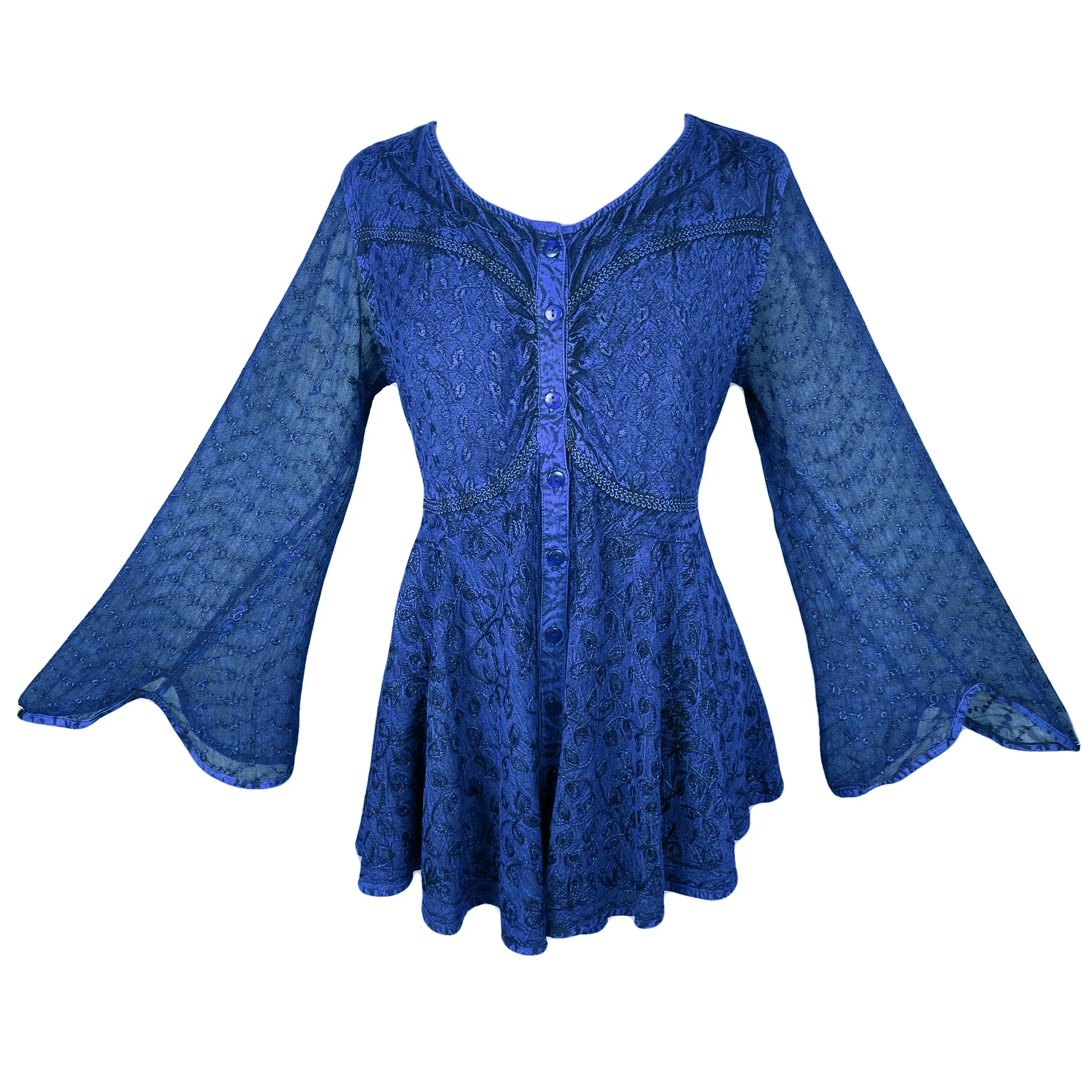 301 B Sexy Scooped Neck Sheer Sleeve Embroidered Flare Blouse
