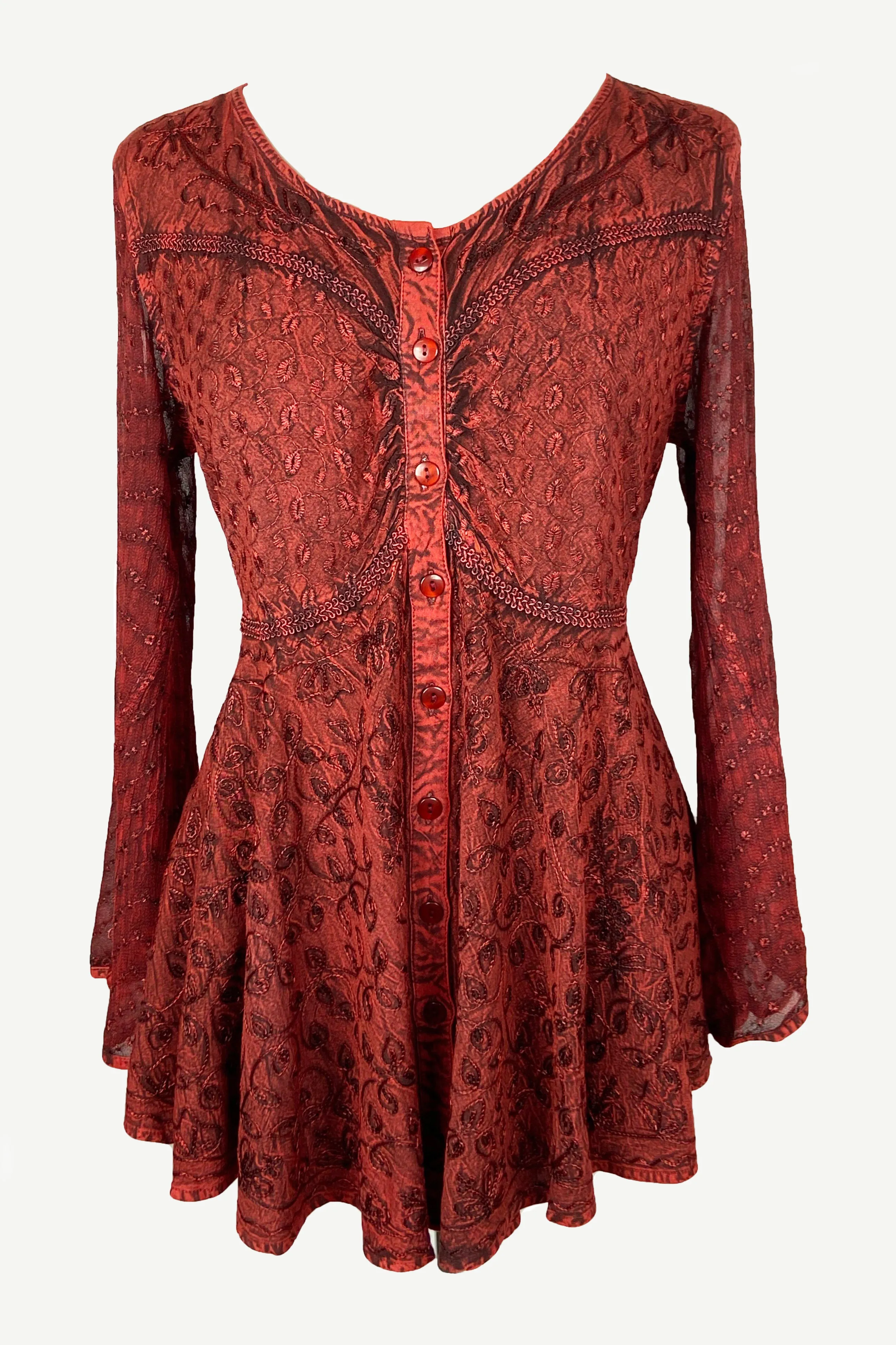 301 B Sexy Scooped Neck Sheer Sleeve Embroidered Flare Blouse
