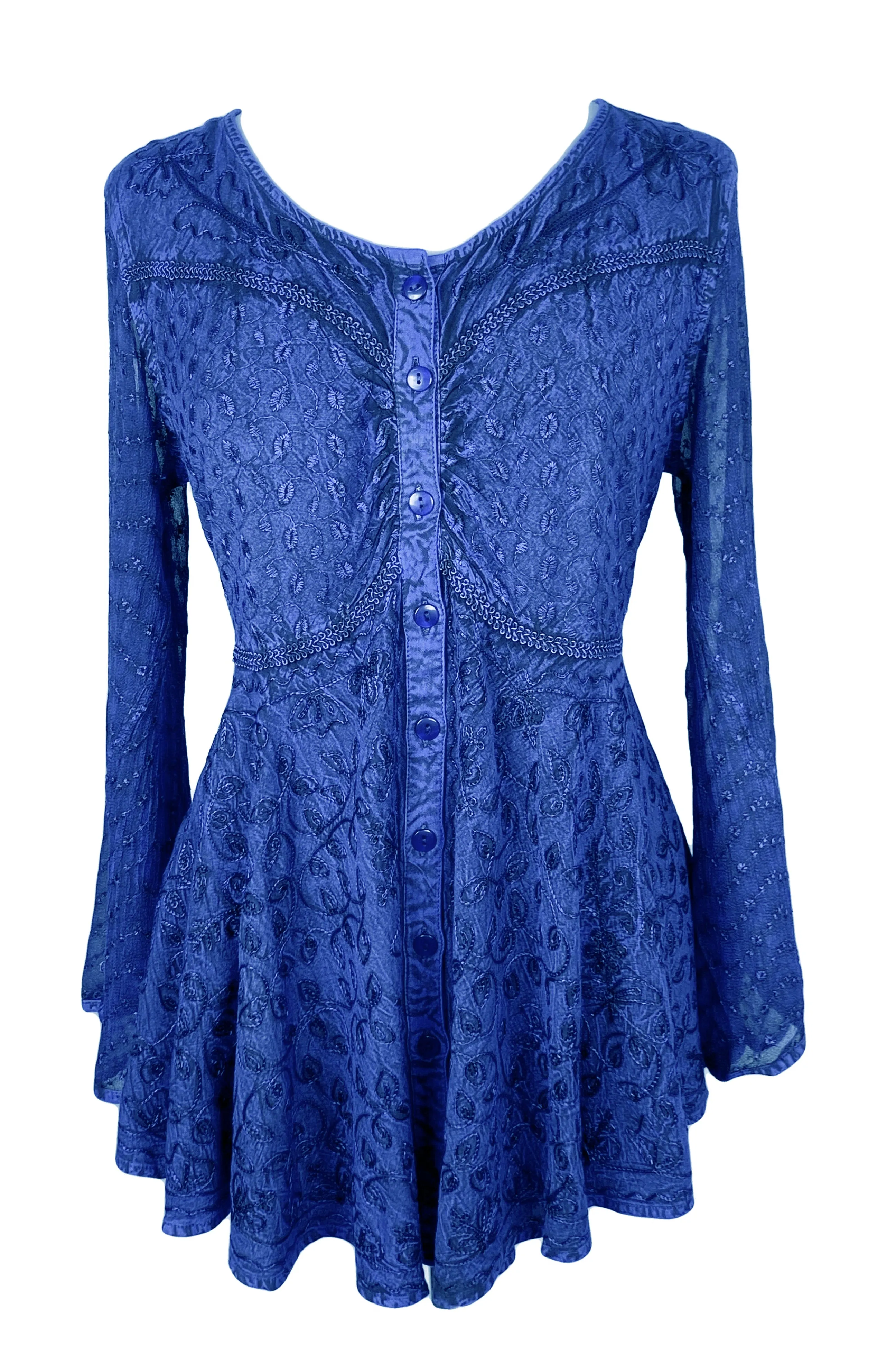301 B Sexy Scooped Neck Sheer Sleeve Embroidered Flare Blouse