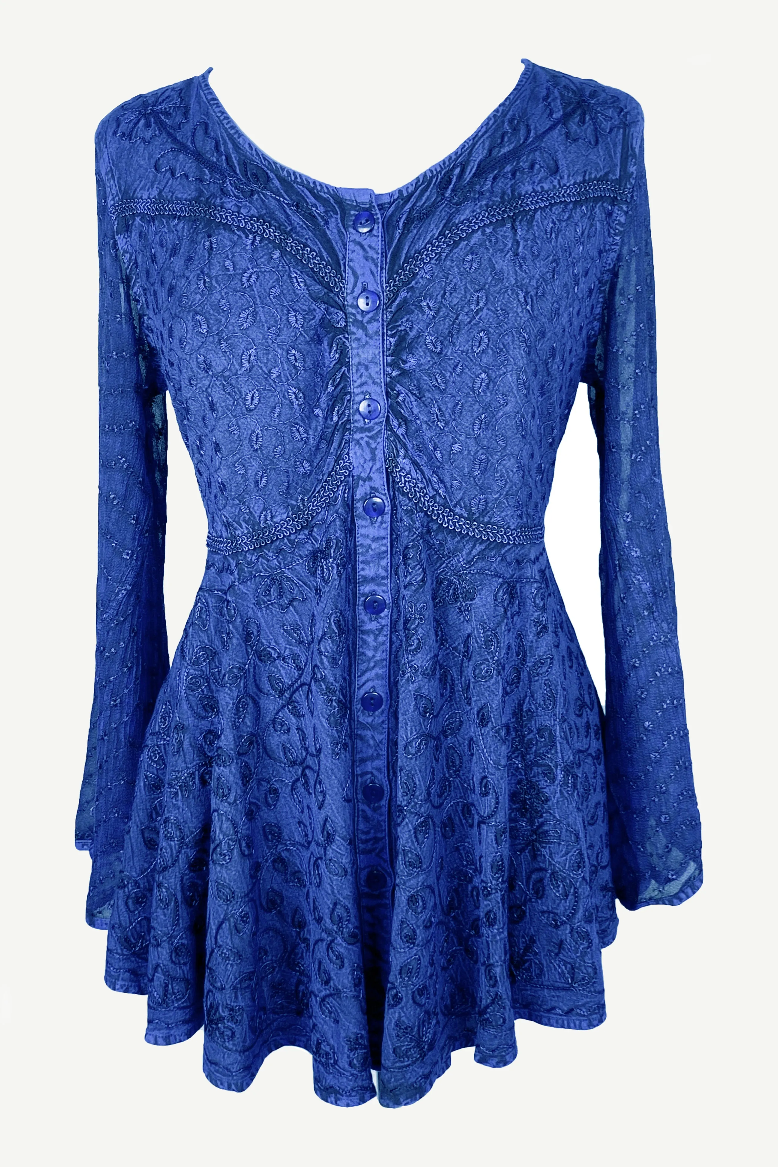 301 B Sexy Scooped Neck Sheer Sleeve Embroidered Flare Blouse