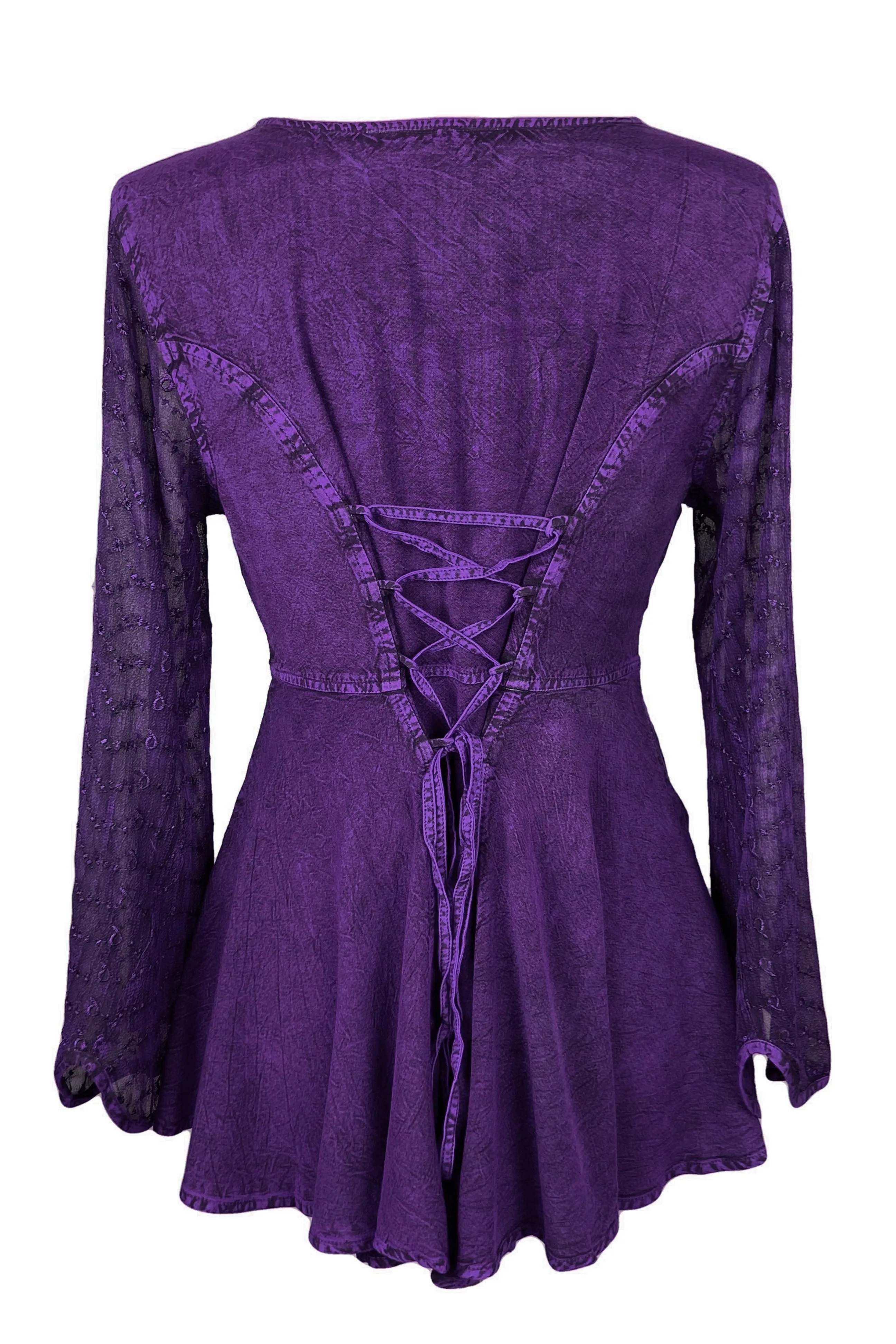 301 B Sexy Scooped Neck Sheer Sleeve Embroidered Flare Blouse