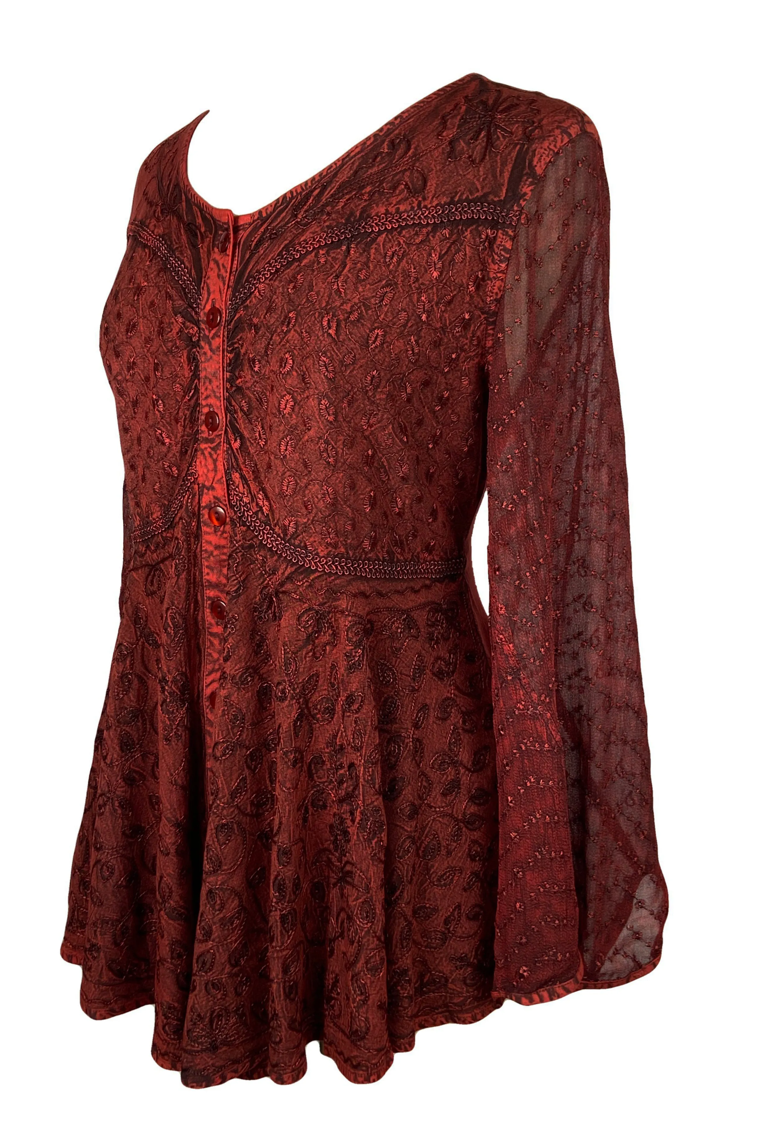 301 B Sexy Scooped Neck Sheer Sleeve Embroidered Flare Blouse