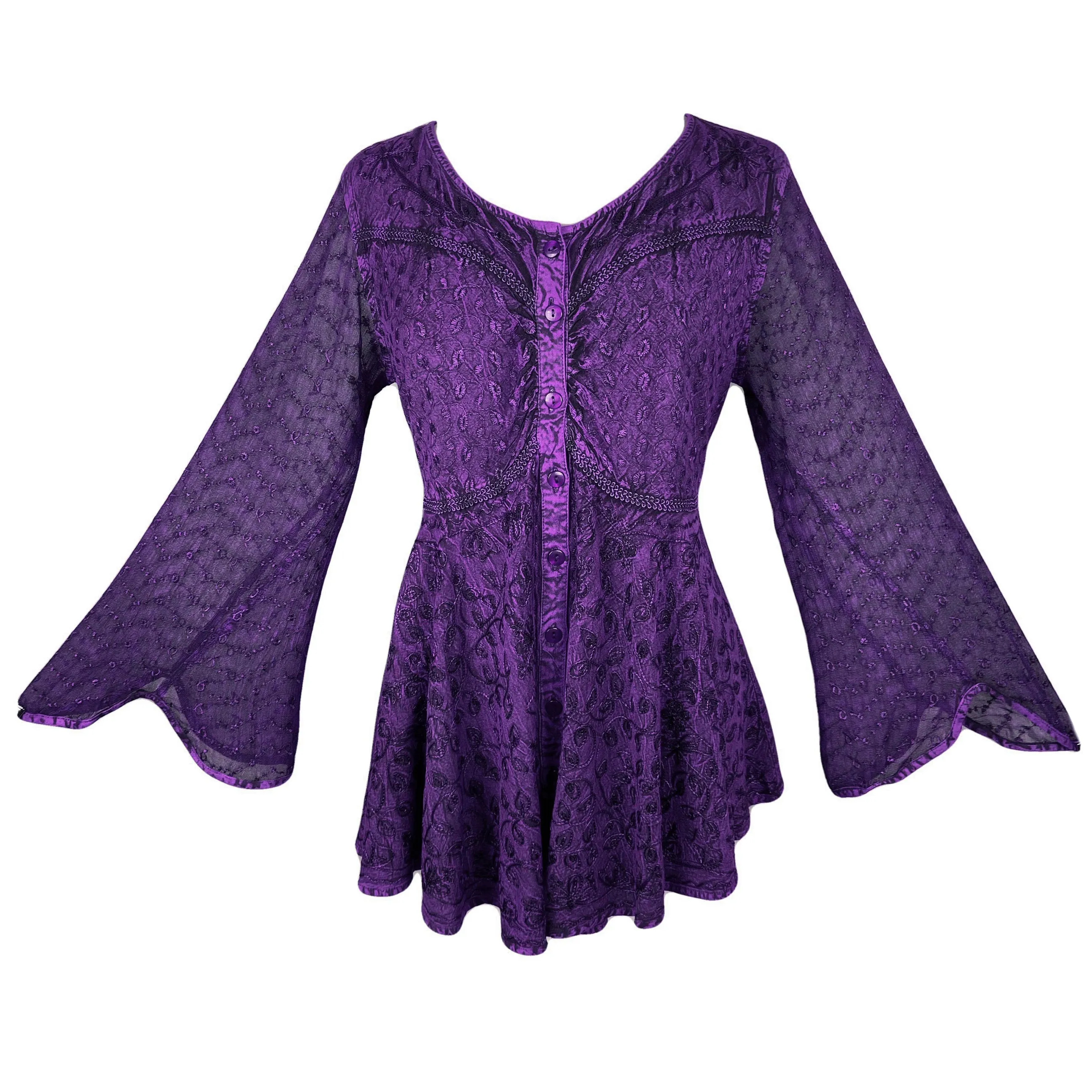 301 B Sexy Scooped Neck Sheer Sleeve Embroidered Flare Blouse