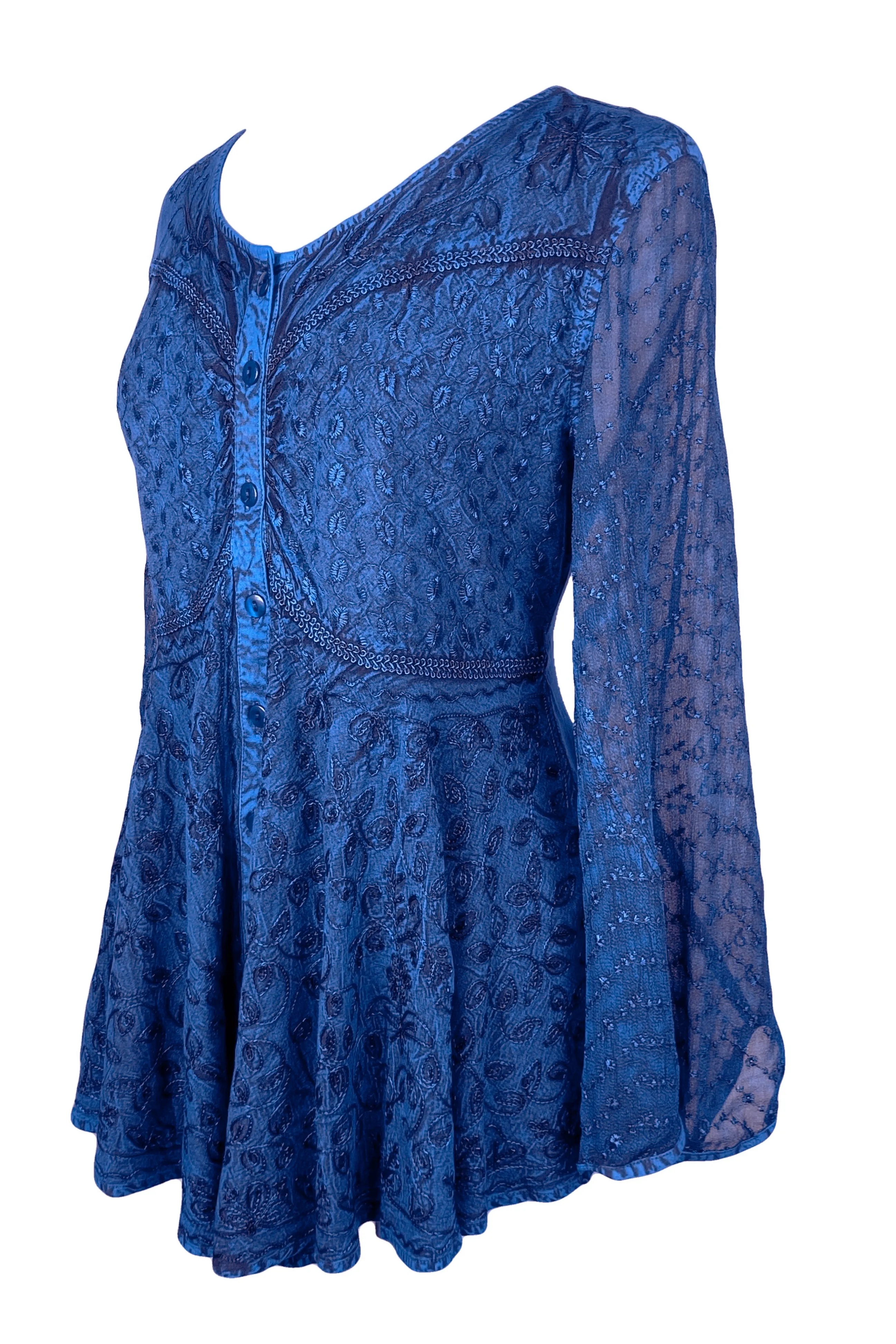 301 B Sexy Scooped Neck Sheer Sleeve Embroidered Flare Blouse