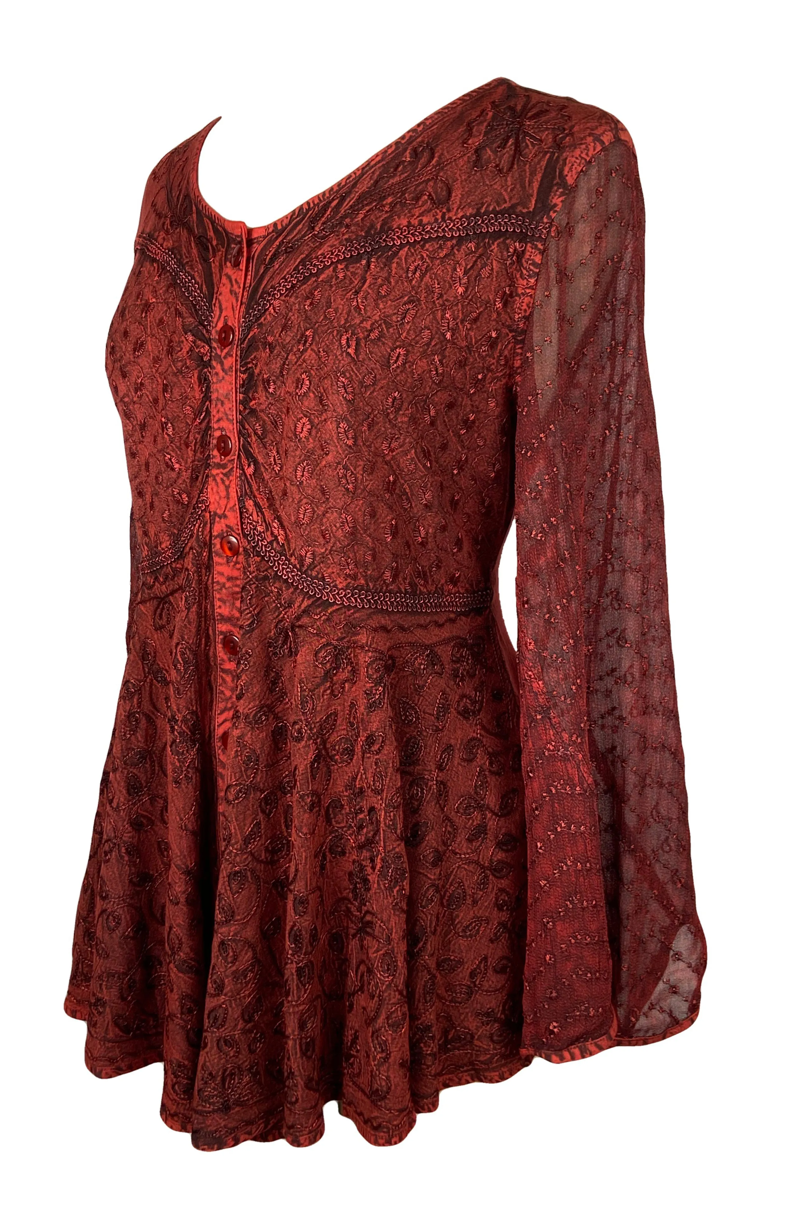 301 B Sexy Scooped Neck Sheer Sleeve Embroidered Flare Blouse