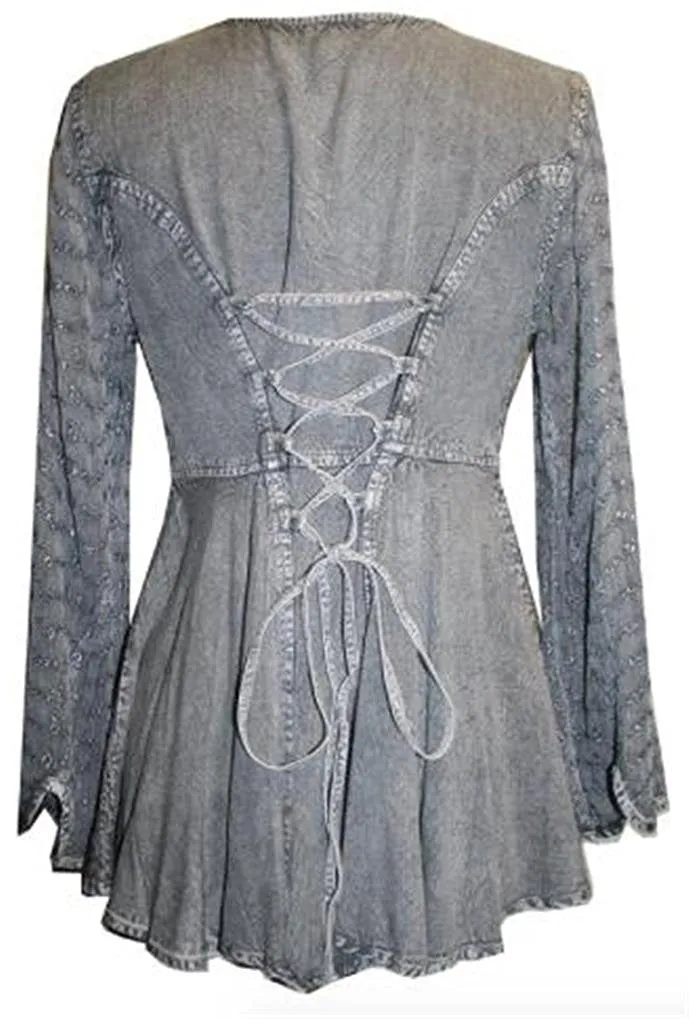 301 B Sexy Scooped Neck Sheer Sleeve Embroidered Flare Blouse