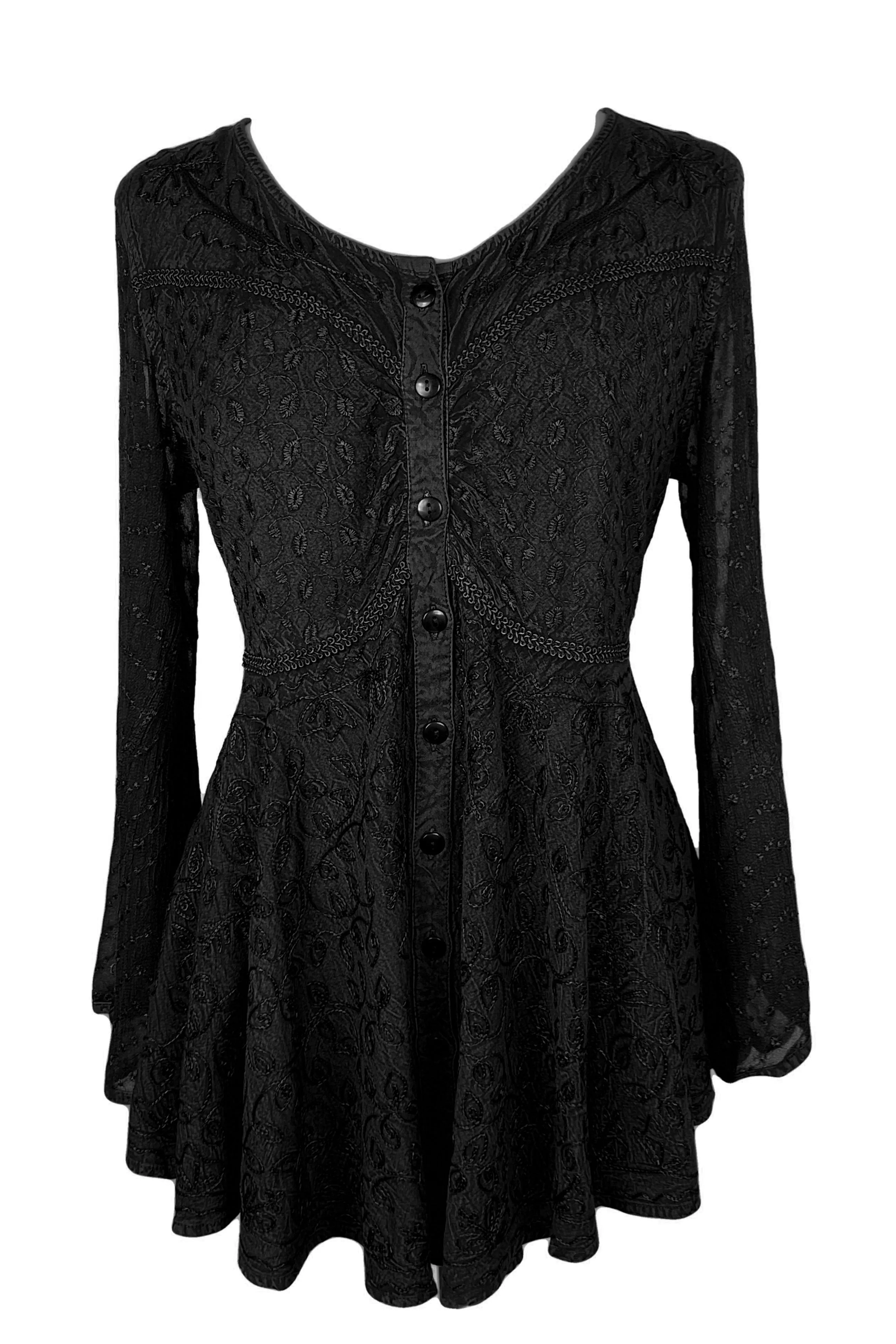 301 B Sexy Scooped Neck Sheer Sleeve Embroidered Flare Blouse