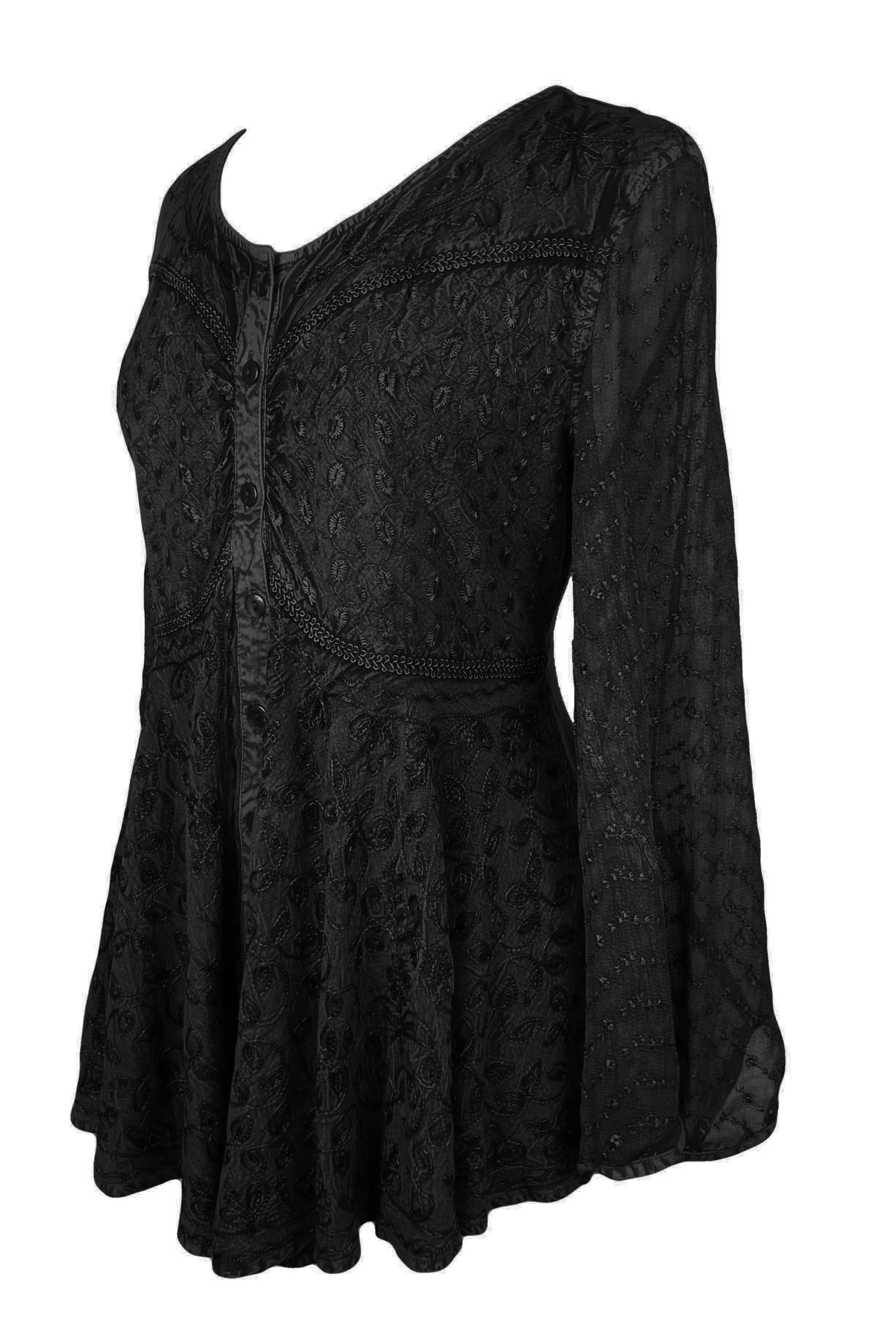 301 B Sexy Scooped Neck Sheer Sleeve Embroidered Flare Blouse