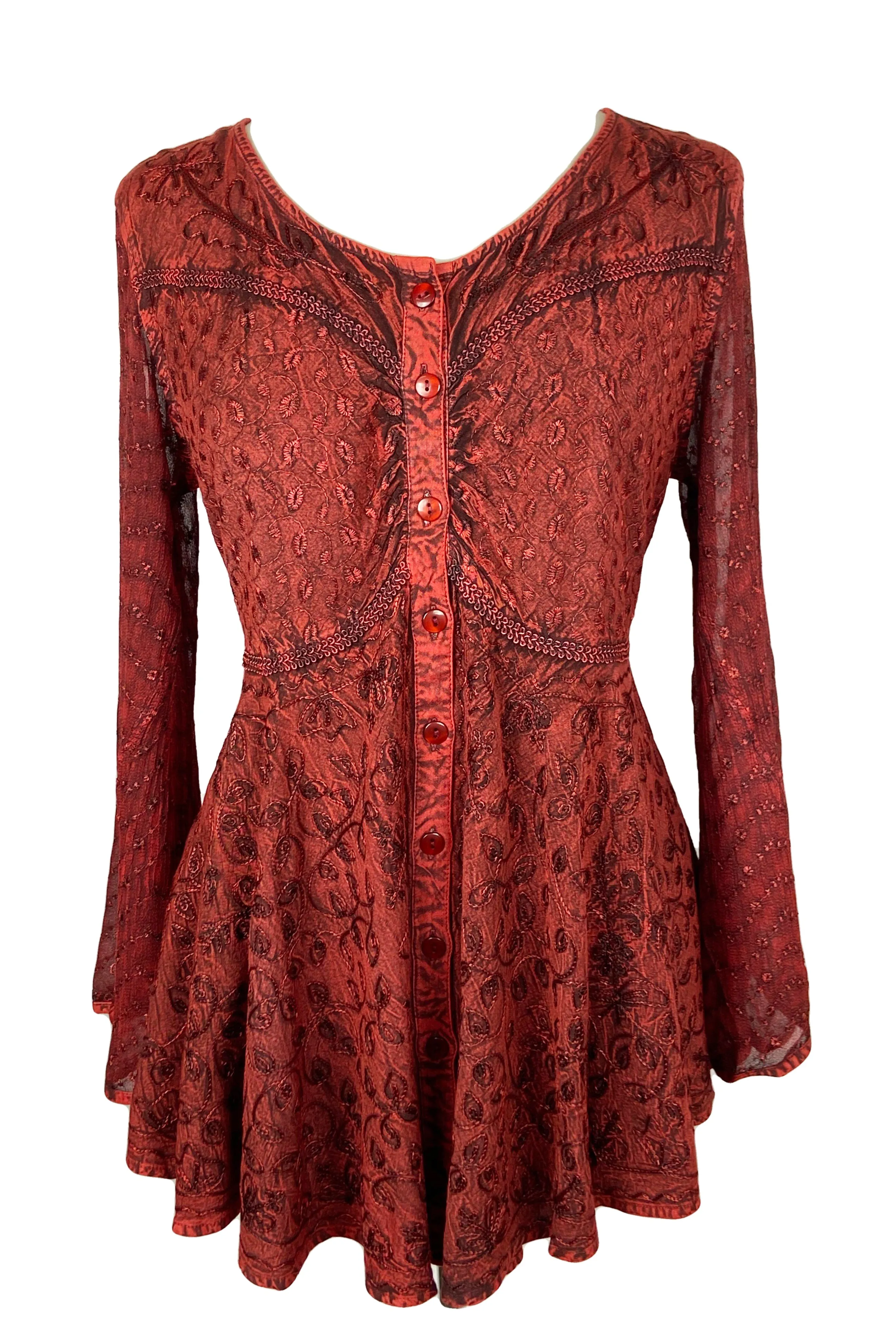 301 B Sexy Scooped Neck Sheer Sleeve Embroidered Flare Blouse