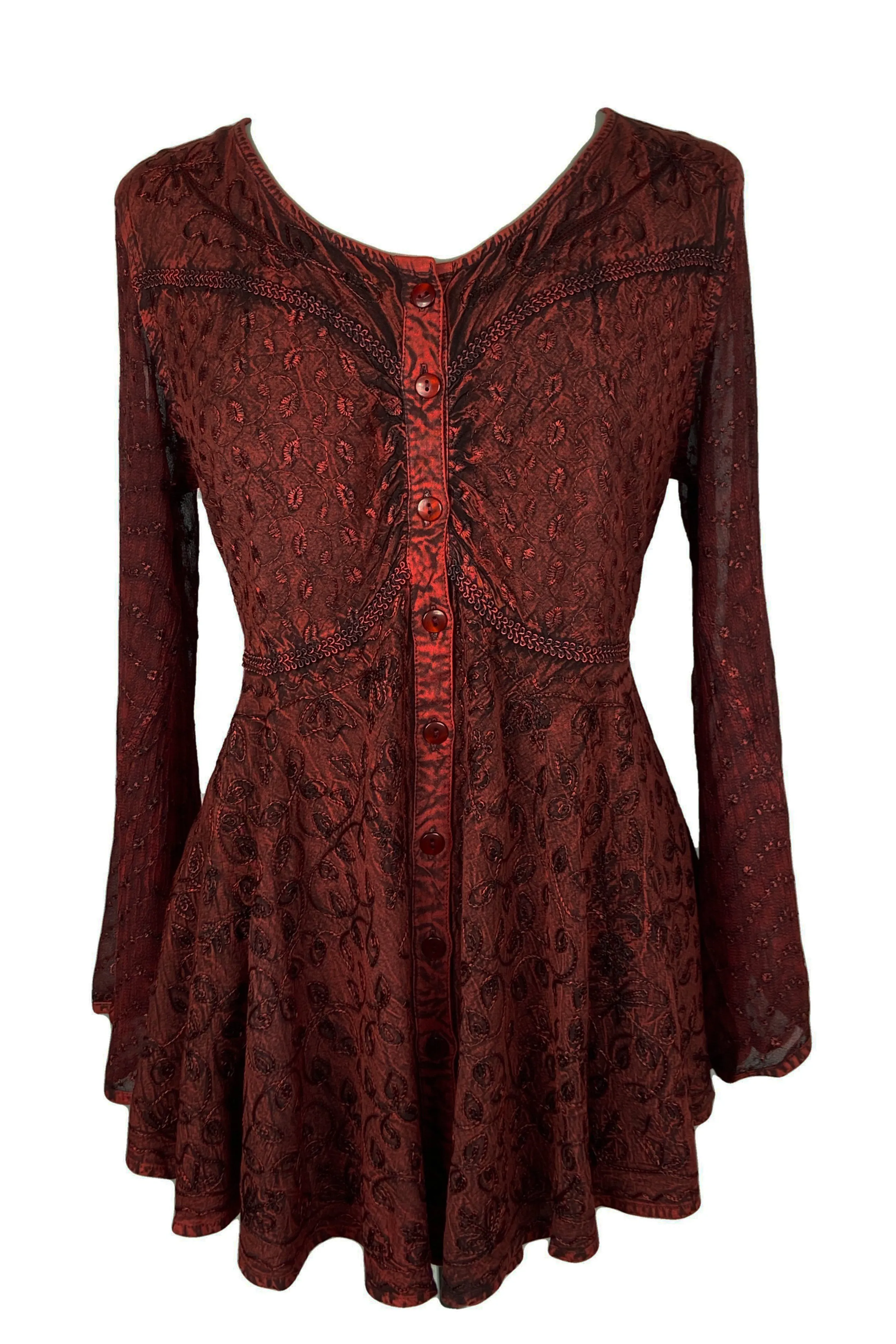 301 B Sexy Scooped Neck Sheer Sleeve Embroidered Flare Blouse