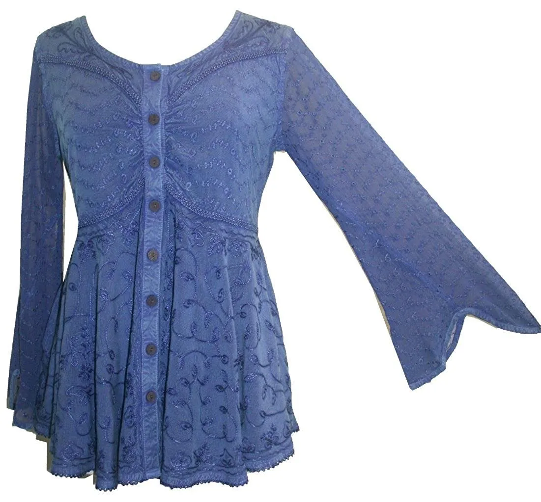 301 B Sexy Scooped Neck Sheer Sleeve Embroidered Flare Blouse