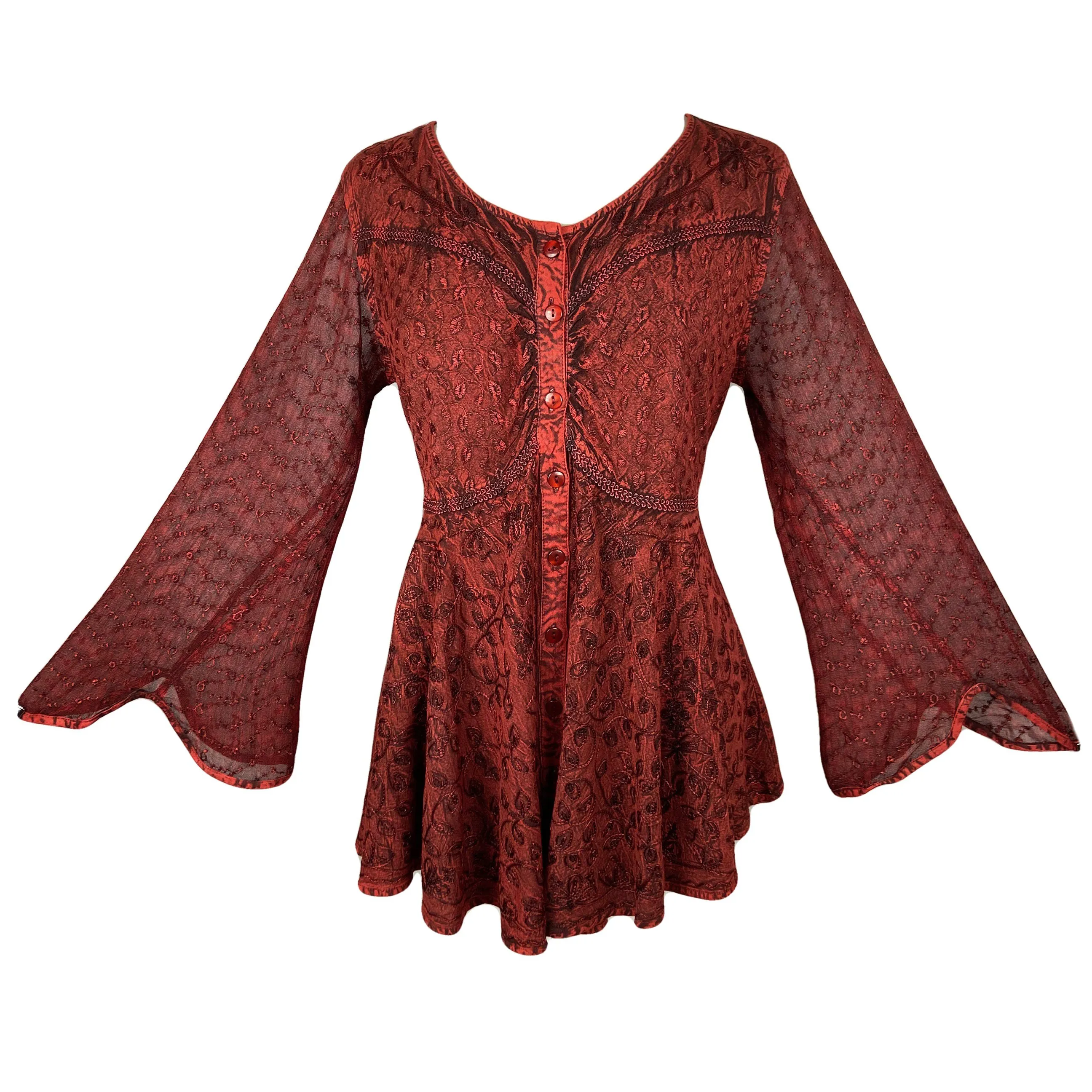 301 B Sexy Scooped Neck Sheer Sleeve Embroidered Flare Blouse