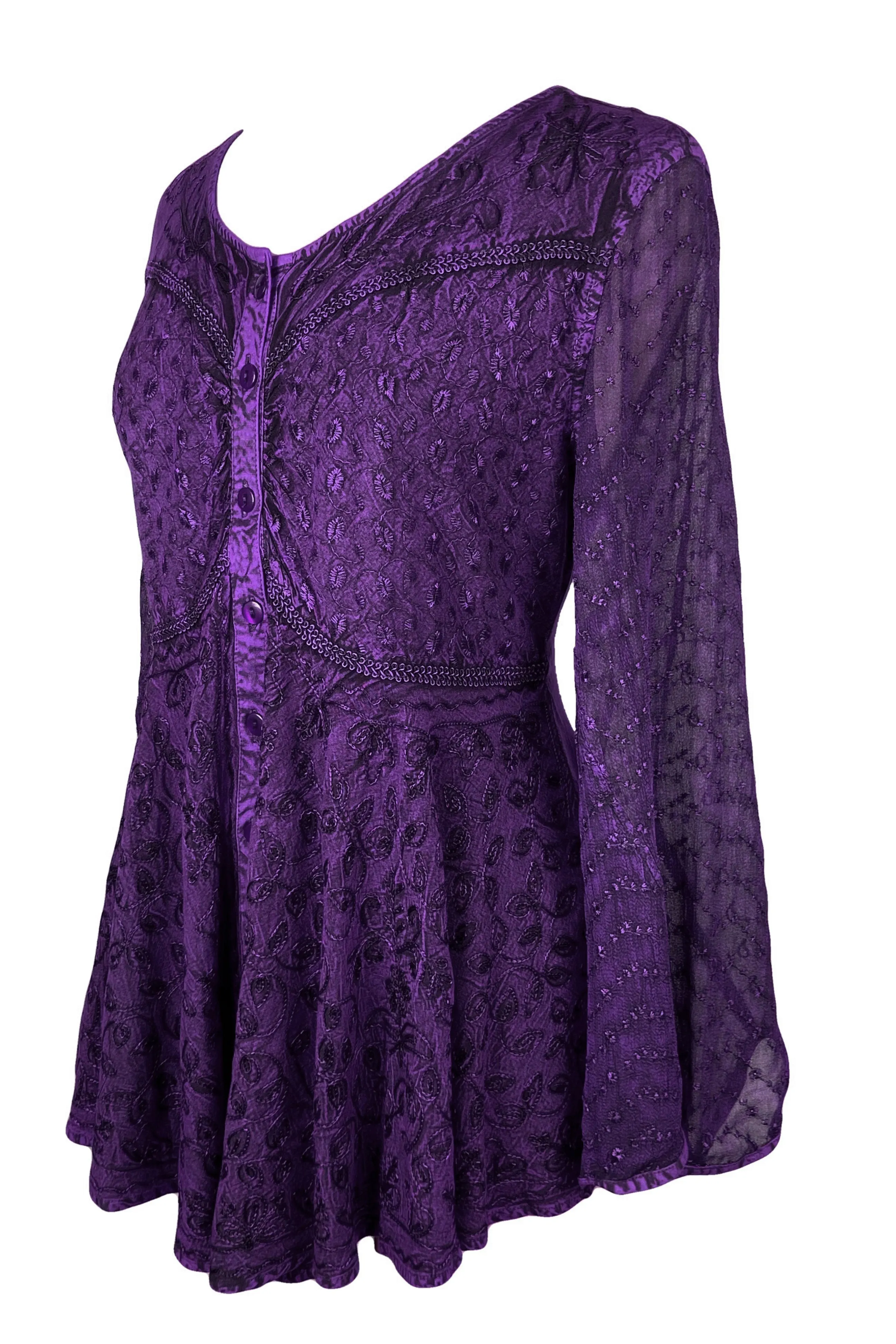 301 B Sexy Scooped Neck Sheer Sleeve Embroidered Flare Blouse