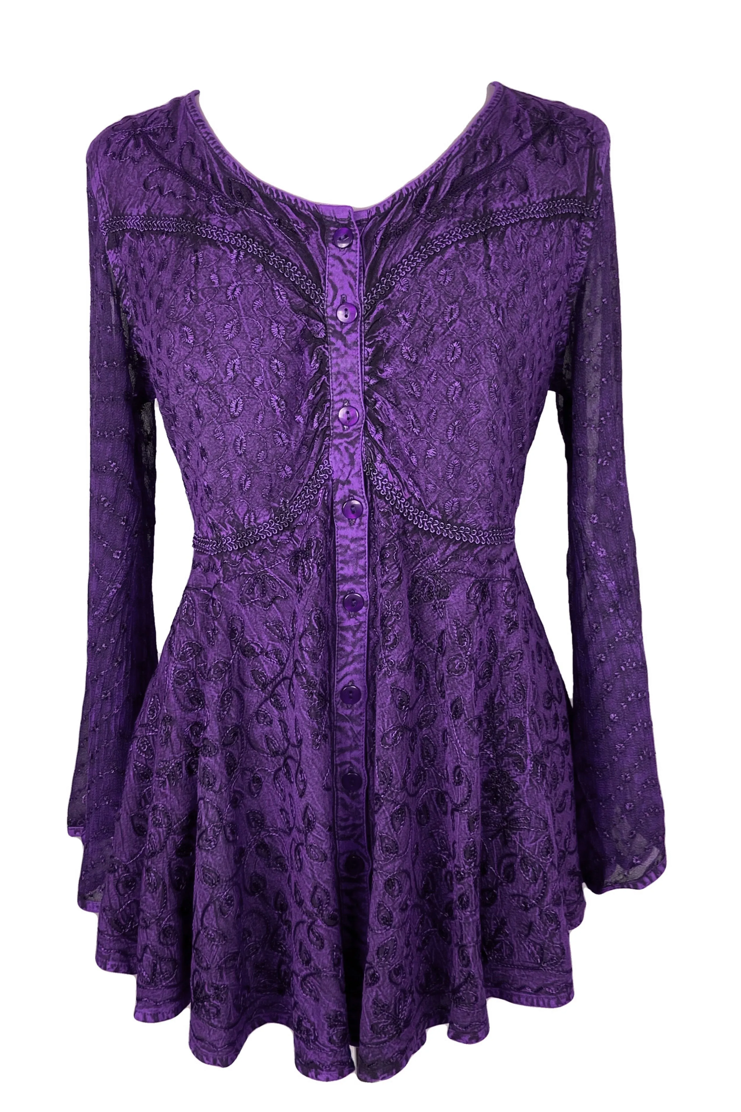 301 B Sexy Scooped Neck Sheer Sleeve Embroidered Flare Blouse