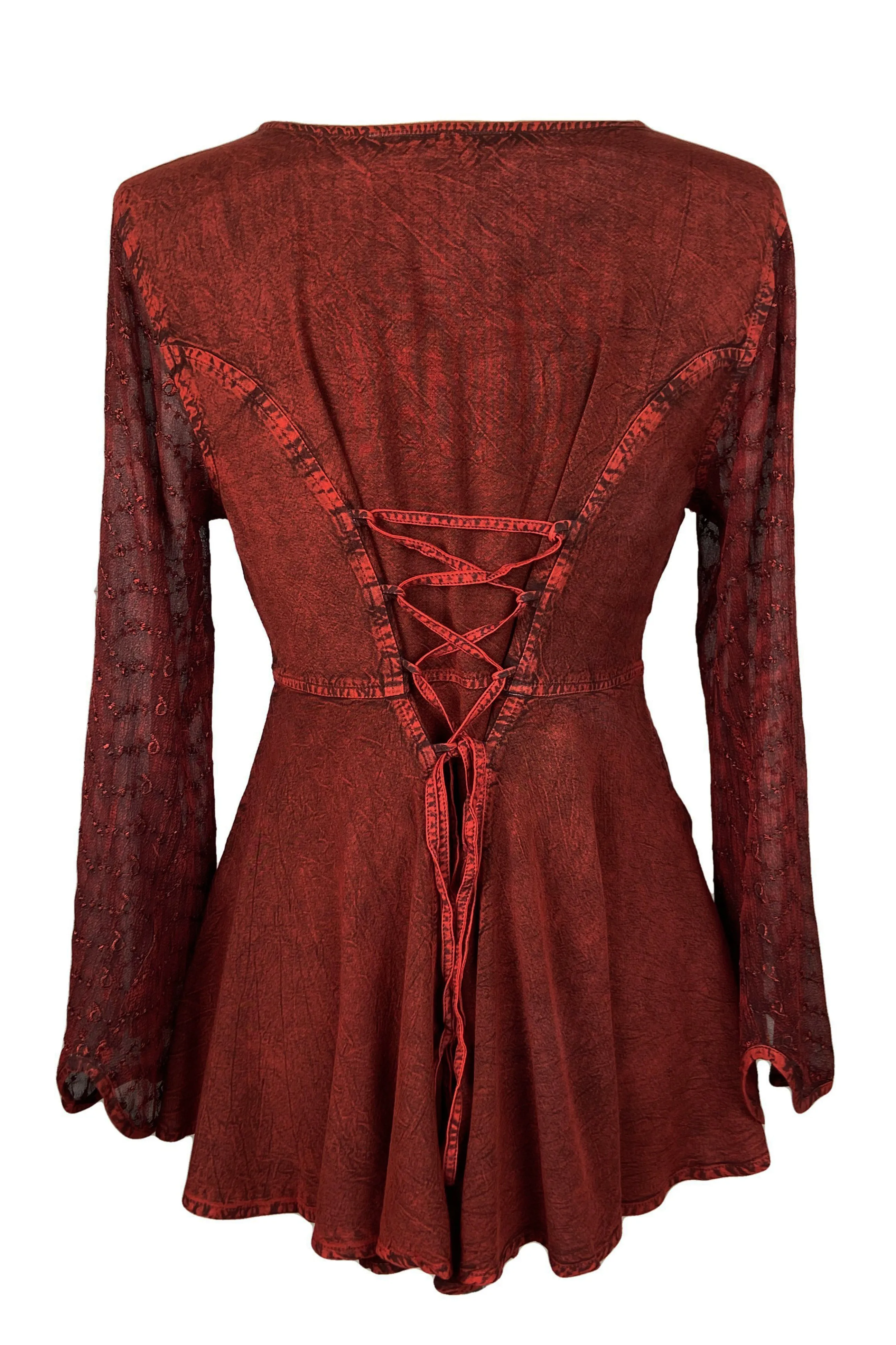 301 B Sexy Scooped Neck Sheer Sleeve Embroidered Flare Blouse