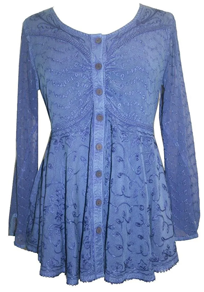301 B Sexy Scooped Neck Sheer Sleeve Embroidered Flare Blouse