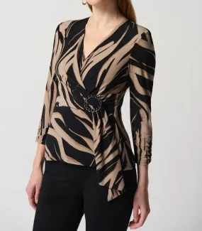 Abstract Print Silky Knit Top With Side Buckle
