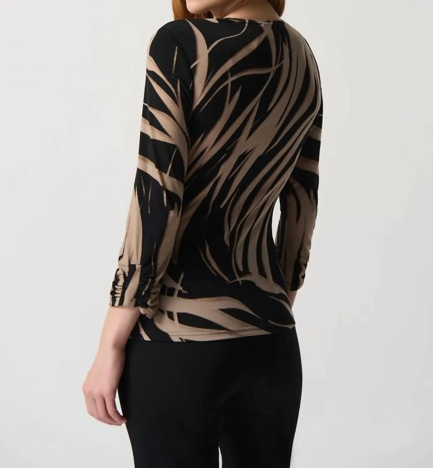 Abstract Print Silky Knit Top With Side Buckle