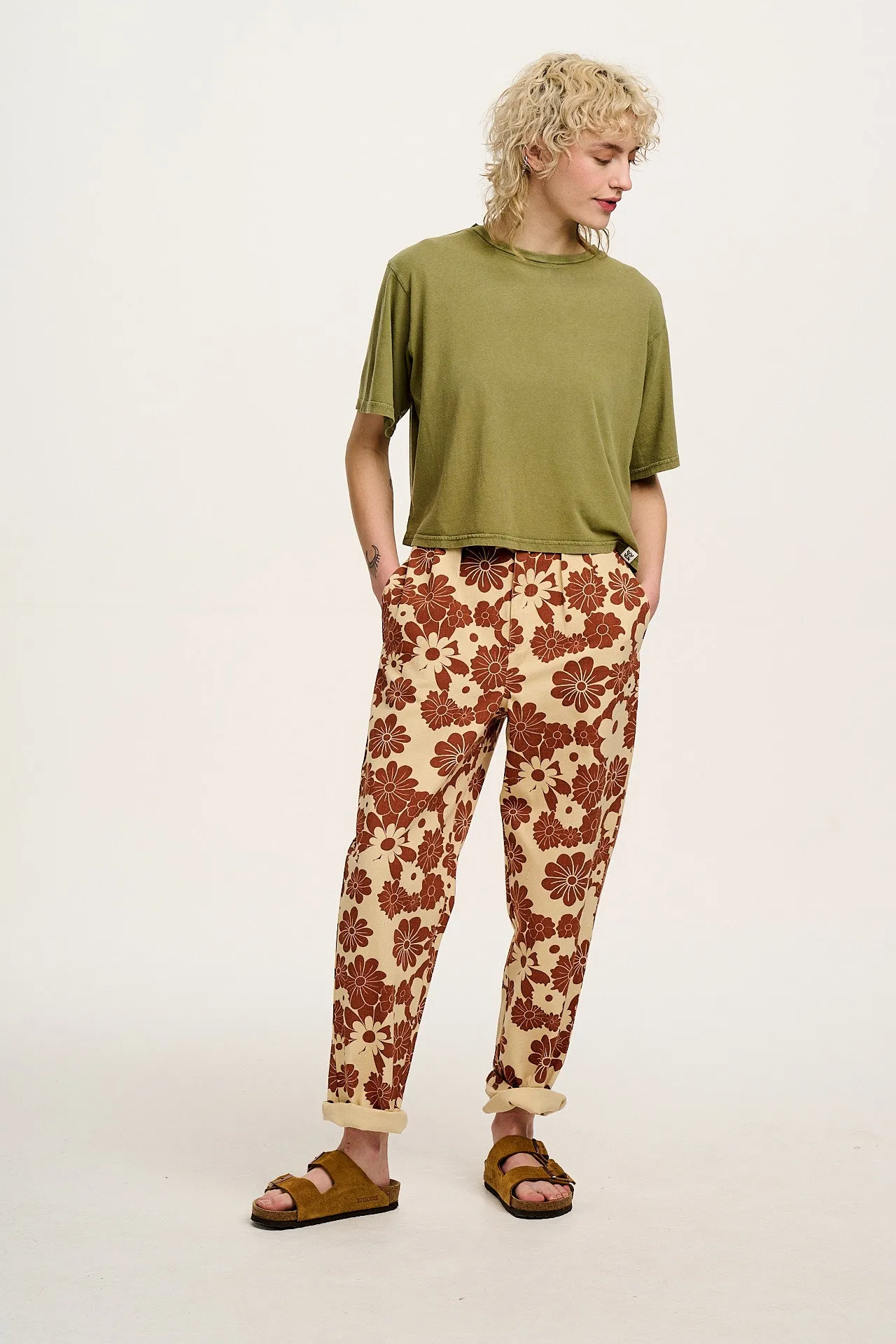 Addison - Tapered Twill Trousers in Cream & Orange Goldie Floral Print