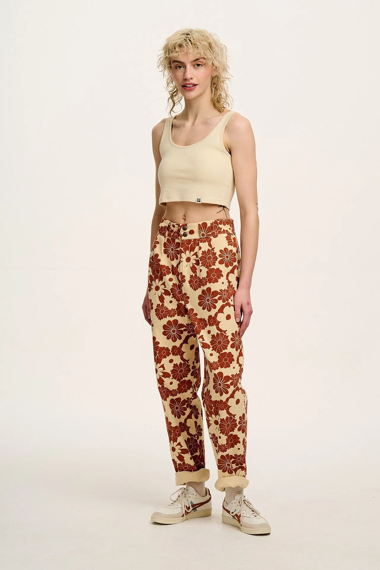 Addison - Tapered Twill Trousers in Cream & Orange Goldie Floral Print