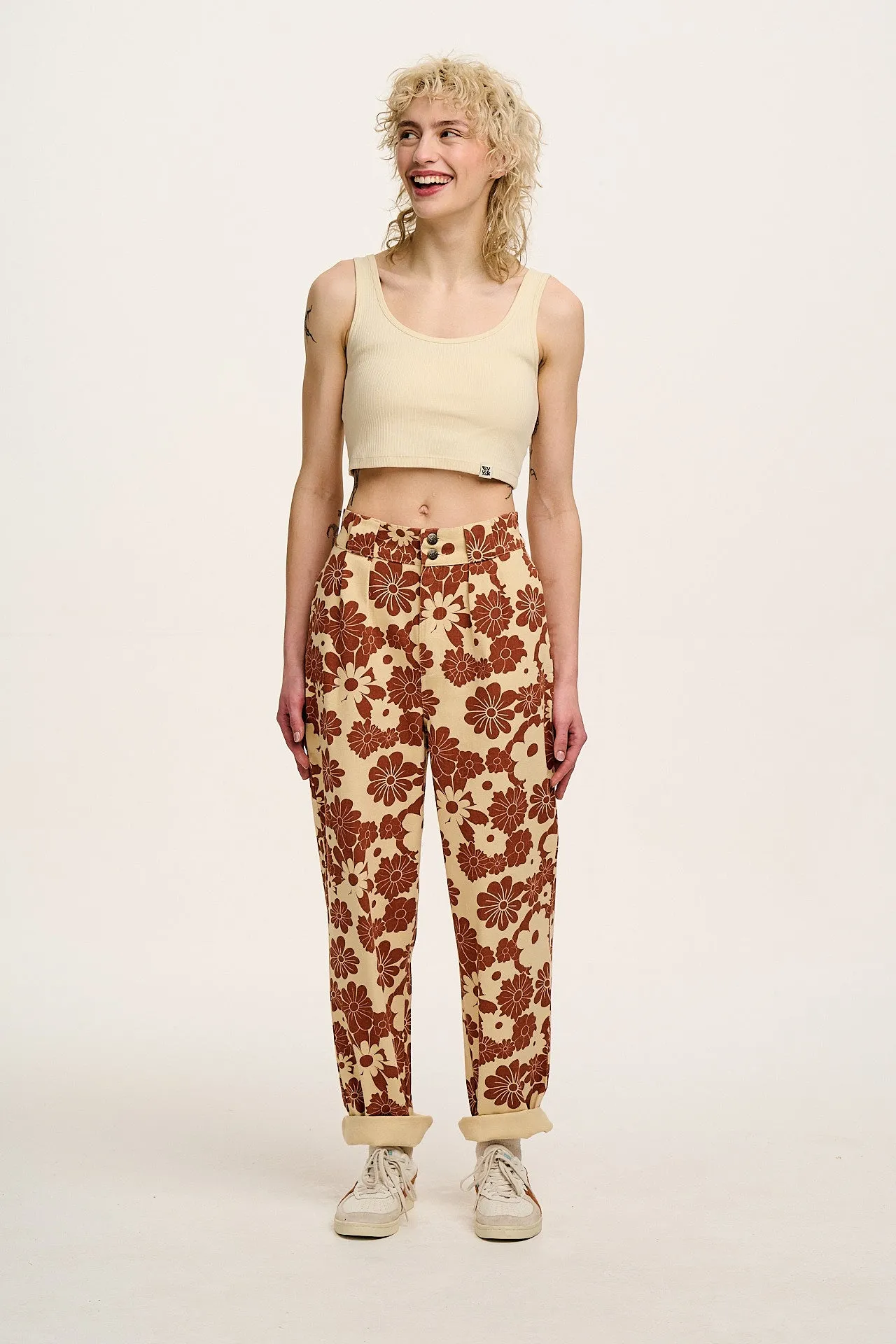 Addison - Tapered Twill Trousers in Cream & Orange Goldie Floral Print