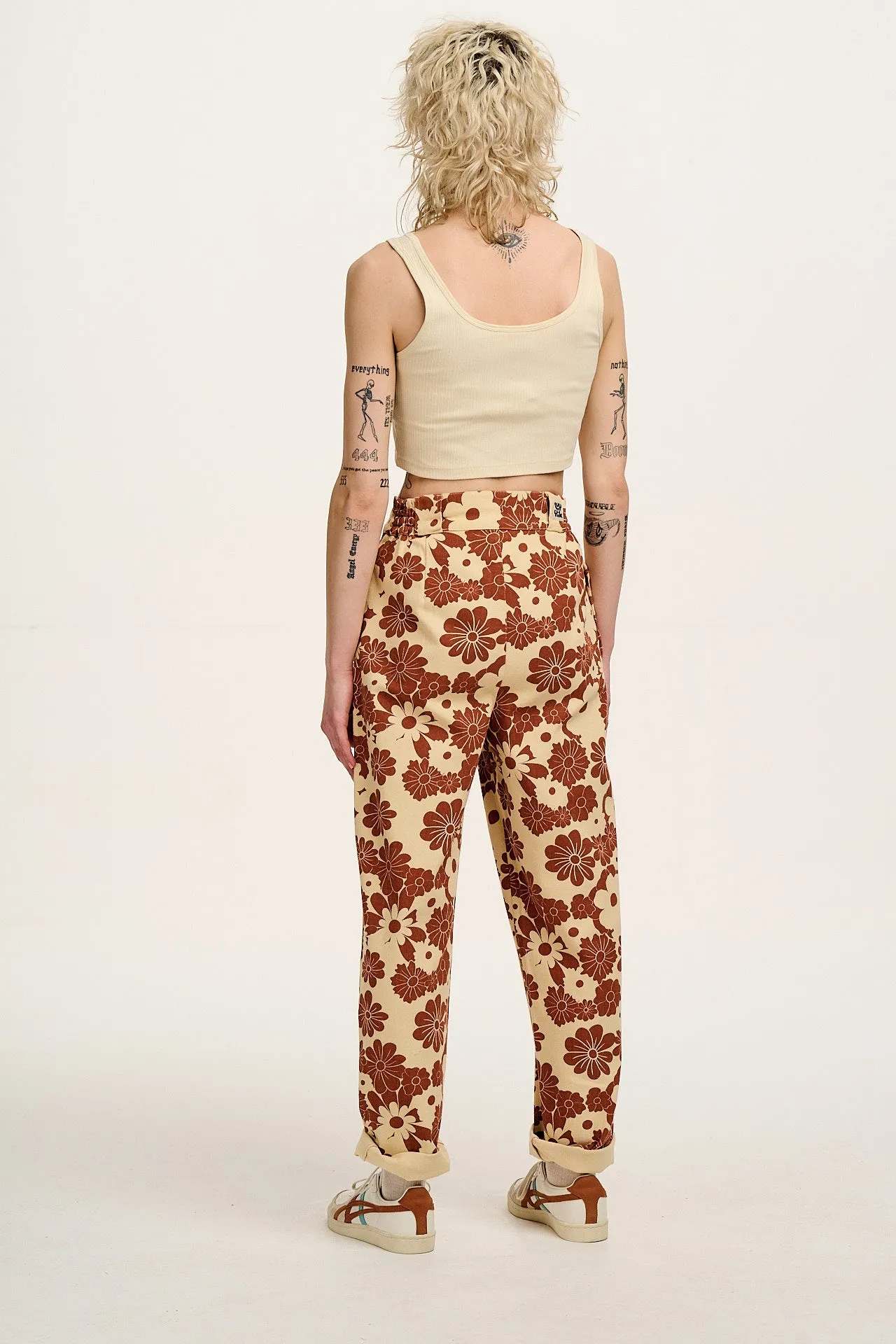 Addison - Tapered Twill Trousers in Cream & Orange Goldie Floral Print