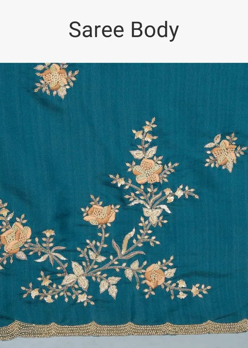 Admiral blue dupion silk saree with embroidered lower bottom and pallo only on kalki