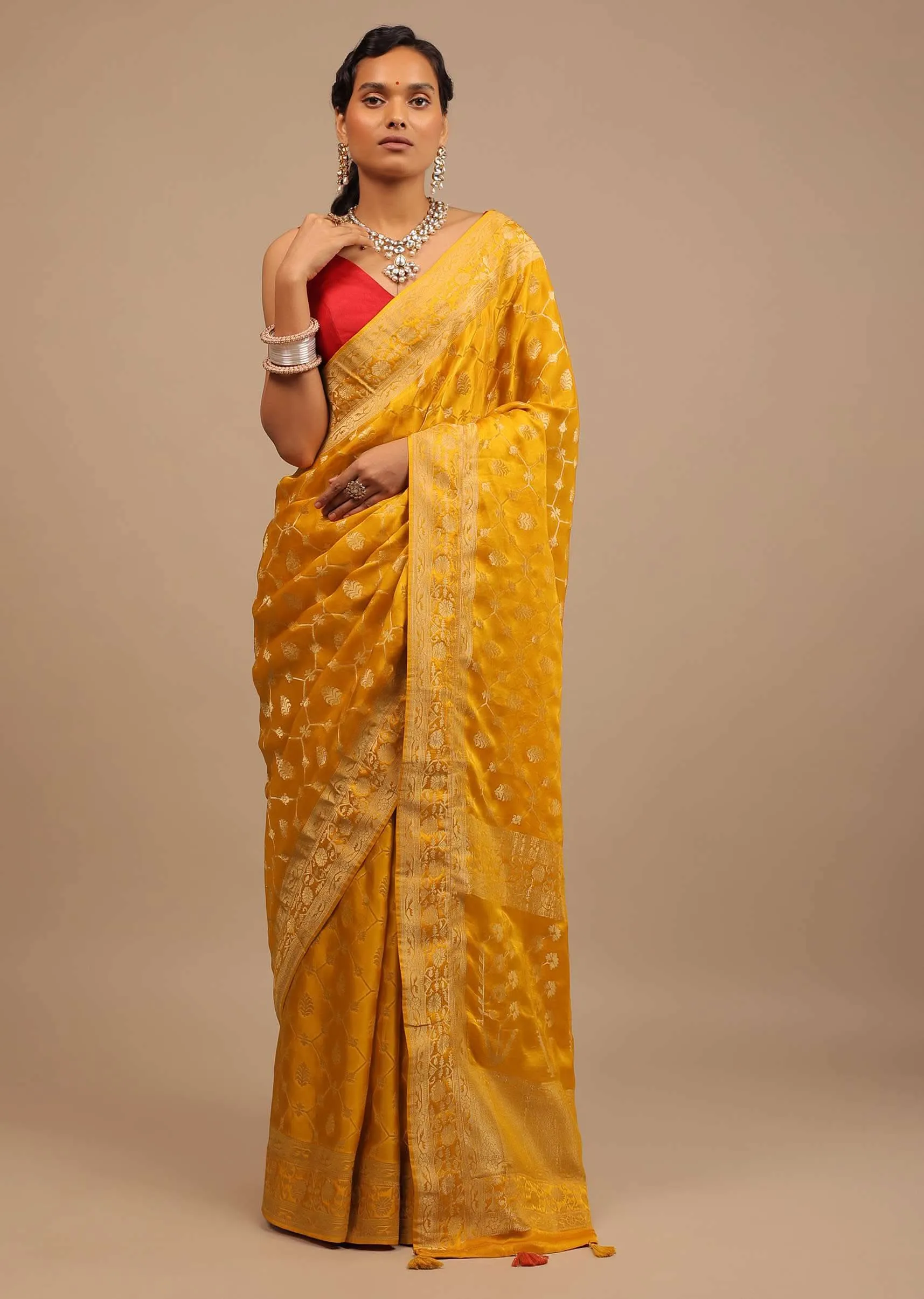 Amber Yellow Saree In Satin Silk With Woven Geometric Jaal And Butti Design