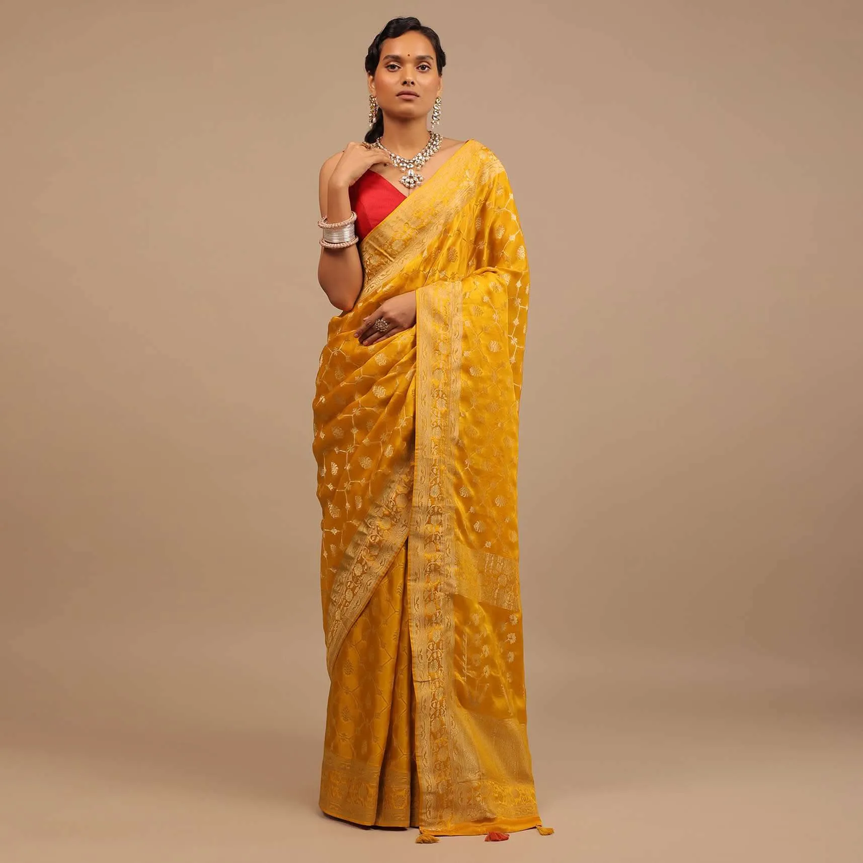 Amber Yellow Saree In Satin Silk With Woven Geometric Jaal And Butti Design