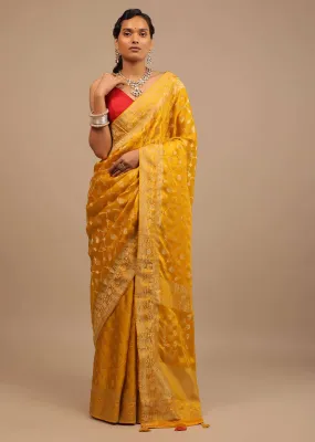 Amber Yellow Saree In Satin Silk With Woven Geometric Jaal And Butti Design