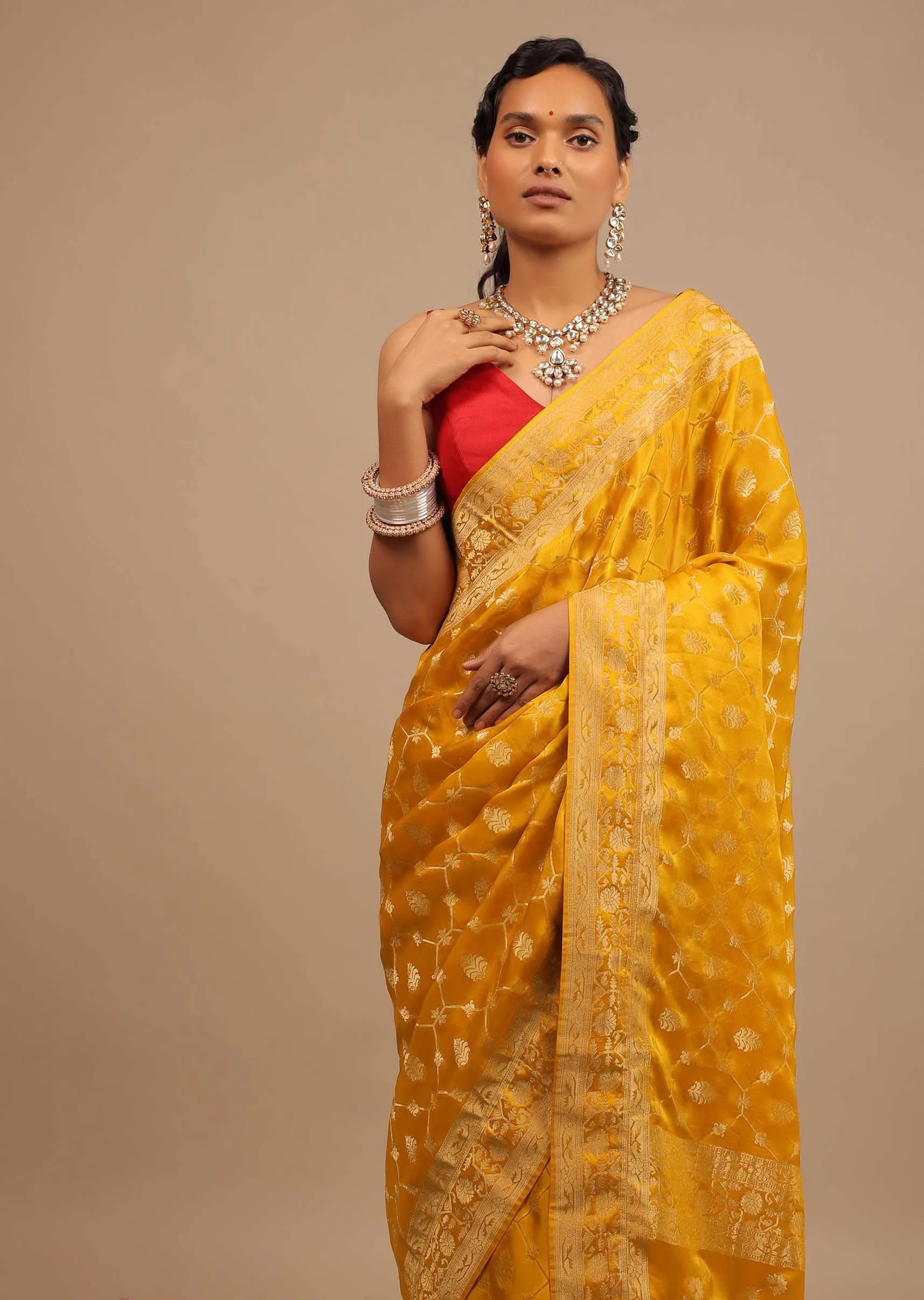 Amber Yellow Saree In Satin Silk With Woven Geometric Jaal And Butti Design