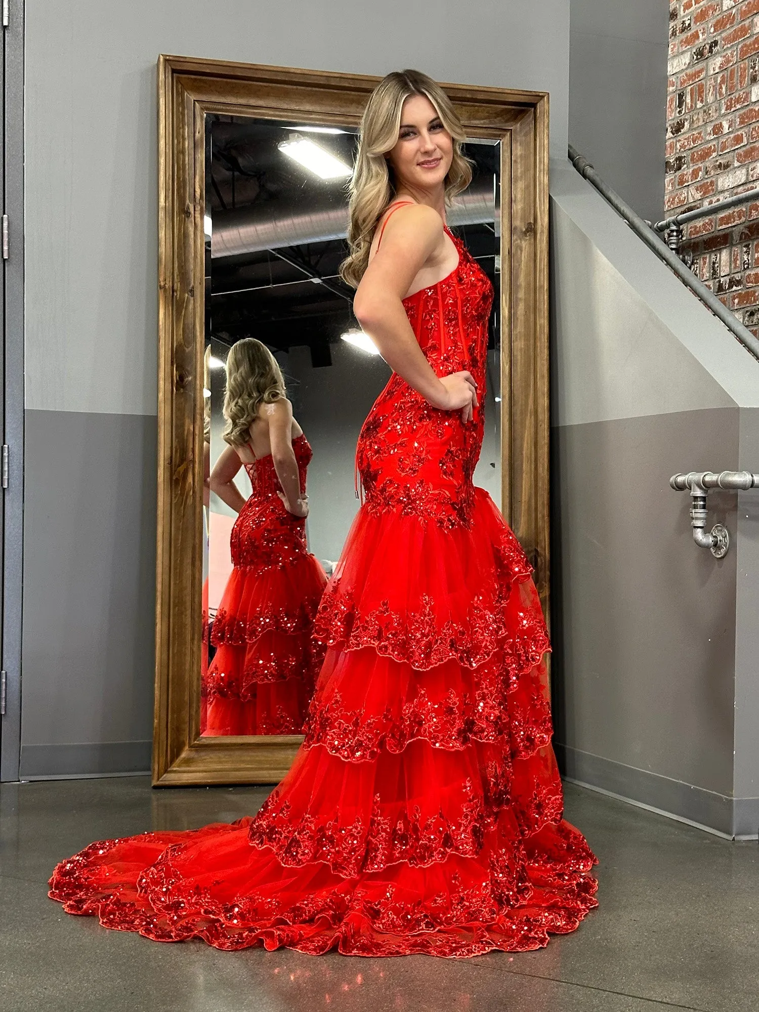 Andrea |Sheath One Shoulder Tiered Lace Long Prom Dress