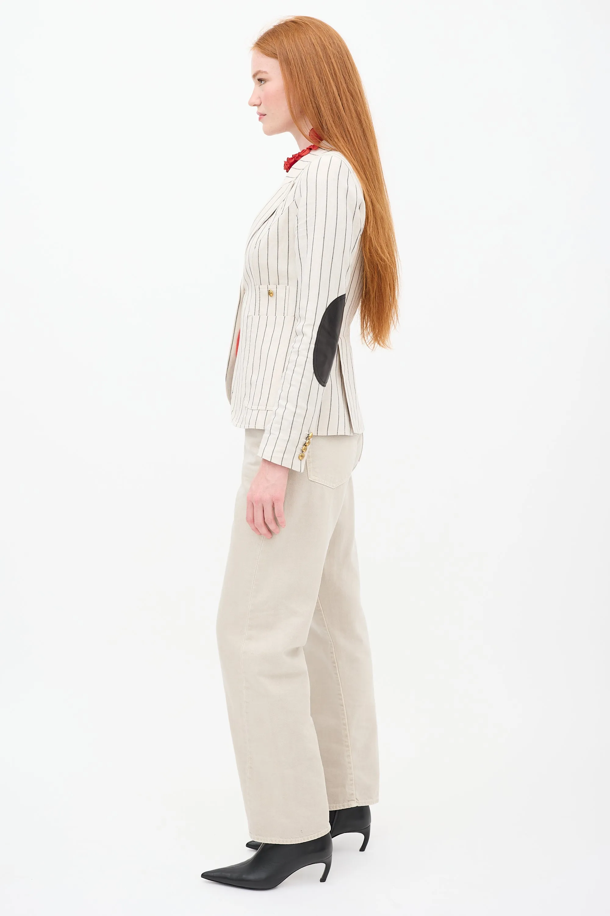 Beige & Black Linen Pinstripe Duchess Blazer
