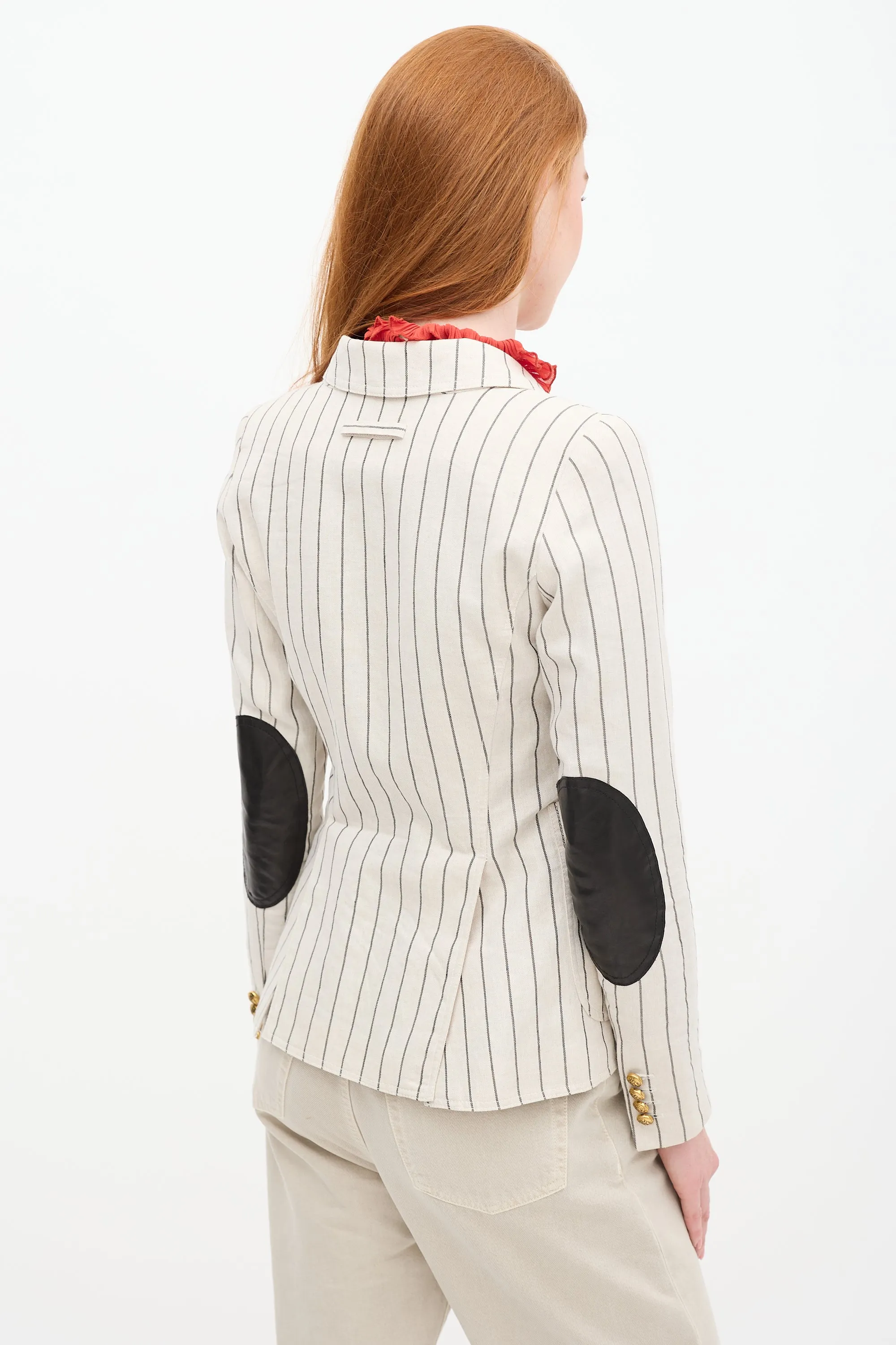 Beige & Black Linen Pinstripe Duchess Blazer