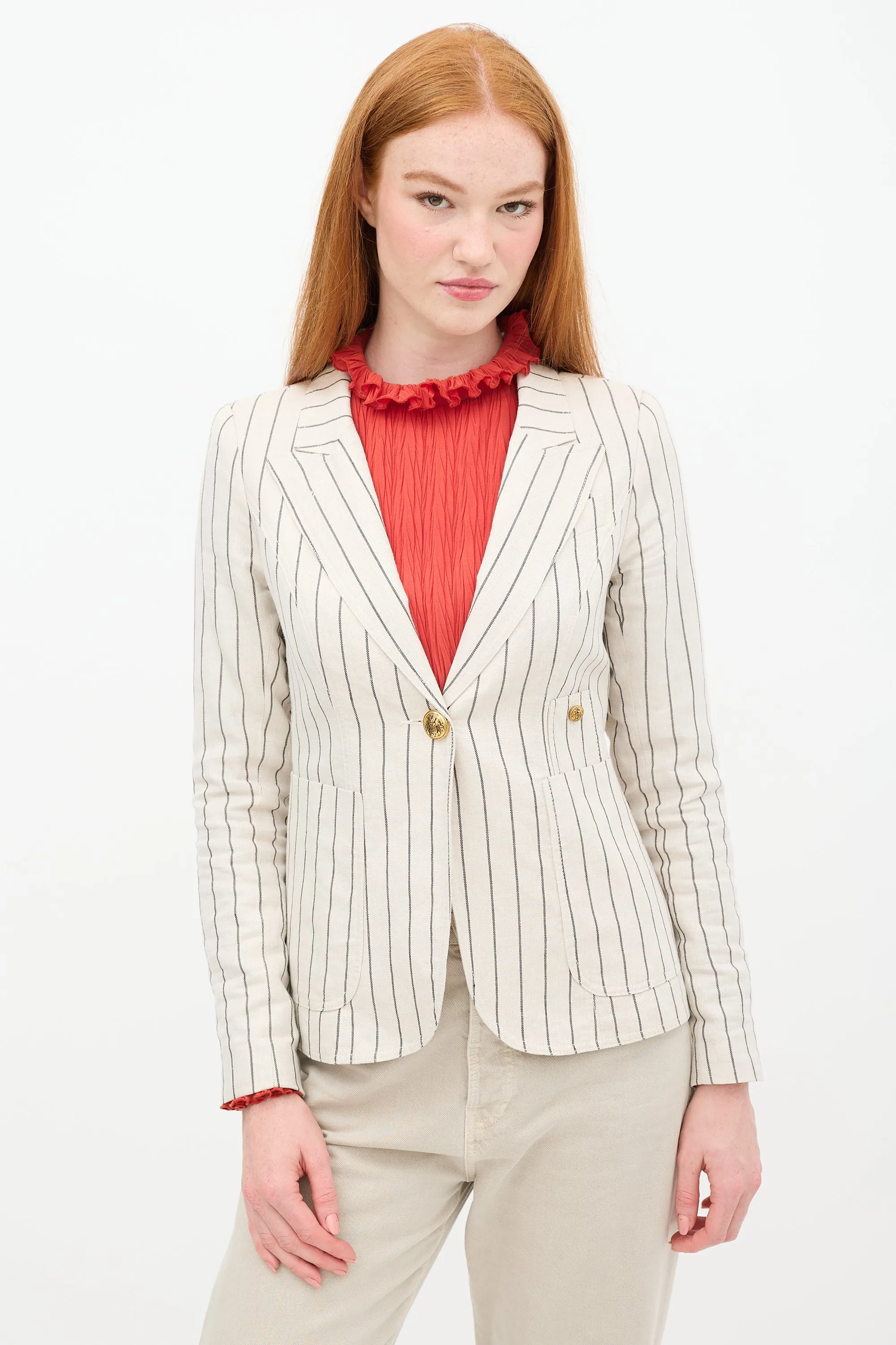 Beige & Black Linen Pinstripe Duchess Blazer