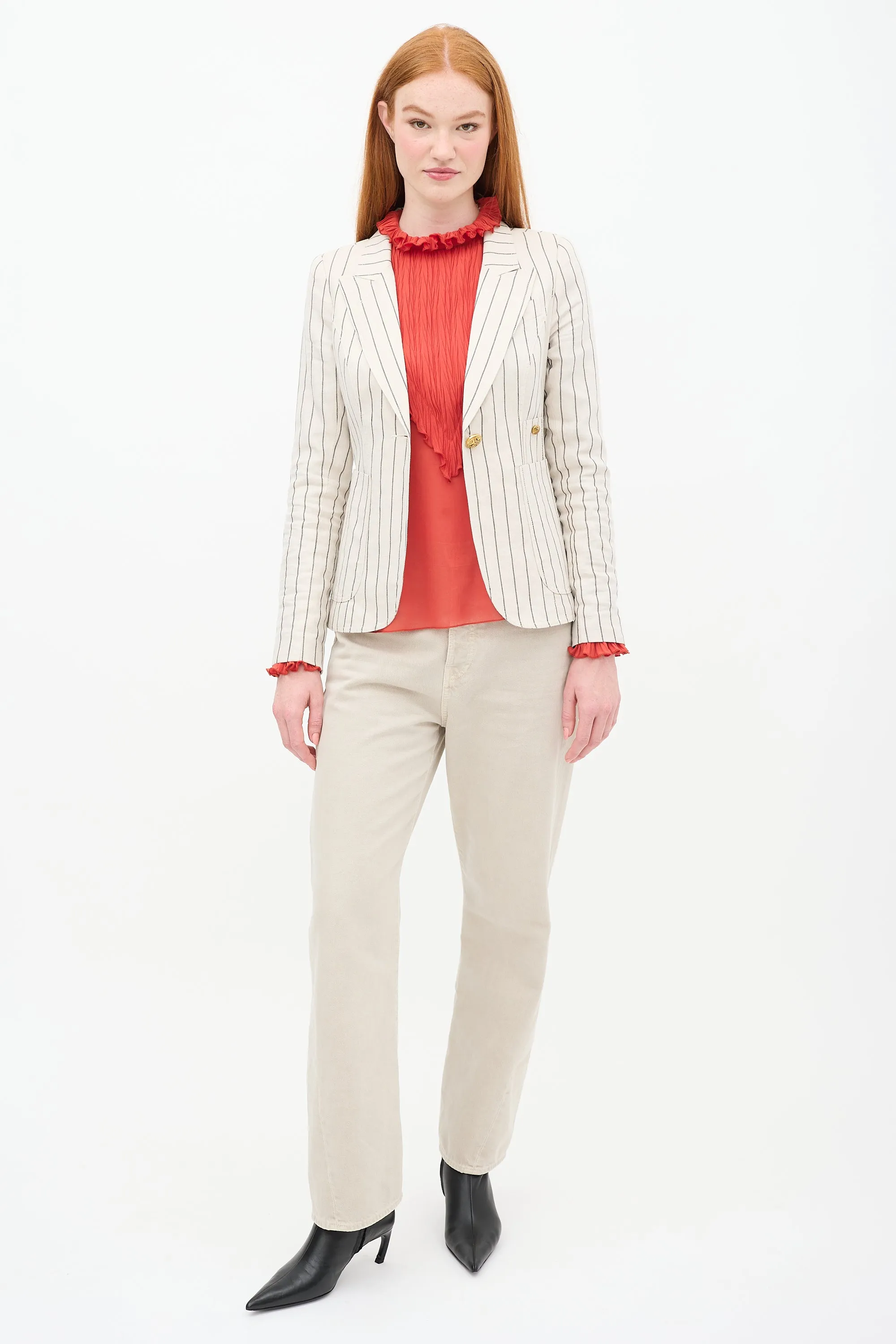 Beige & Black Linen Pinstripe Duchess Blazer