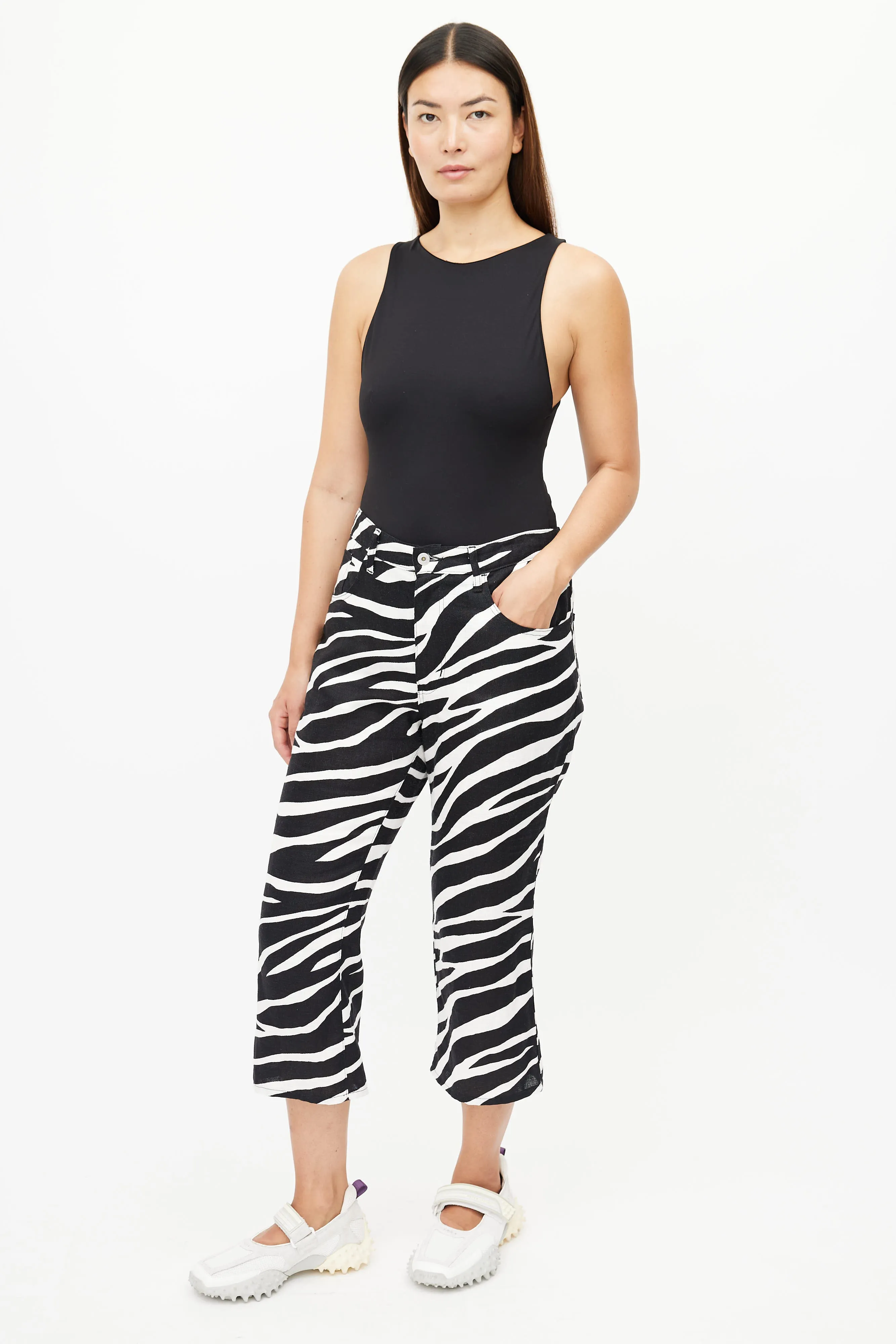 Black & White Linen Print Cropped Pant