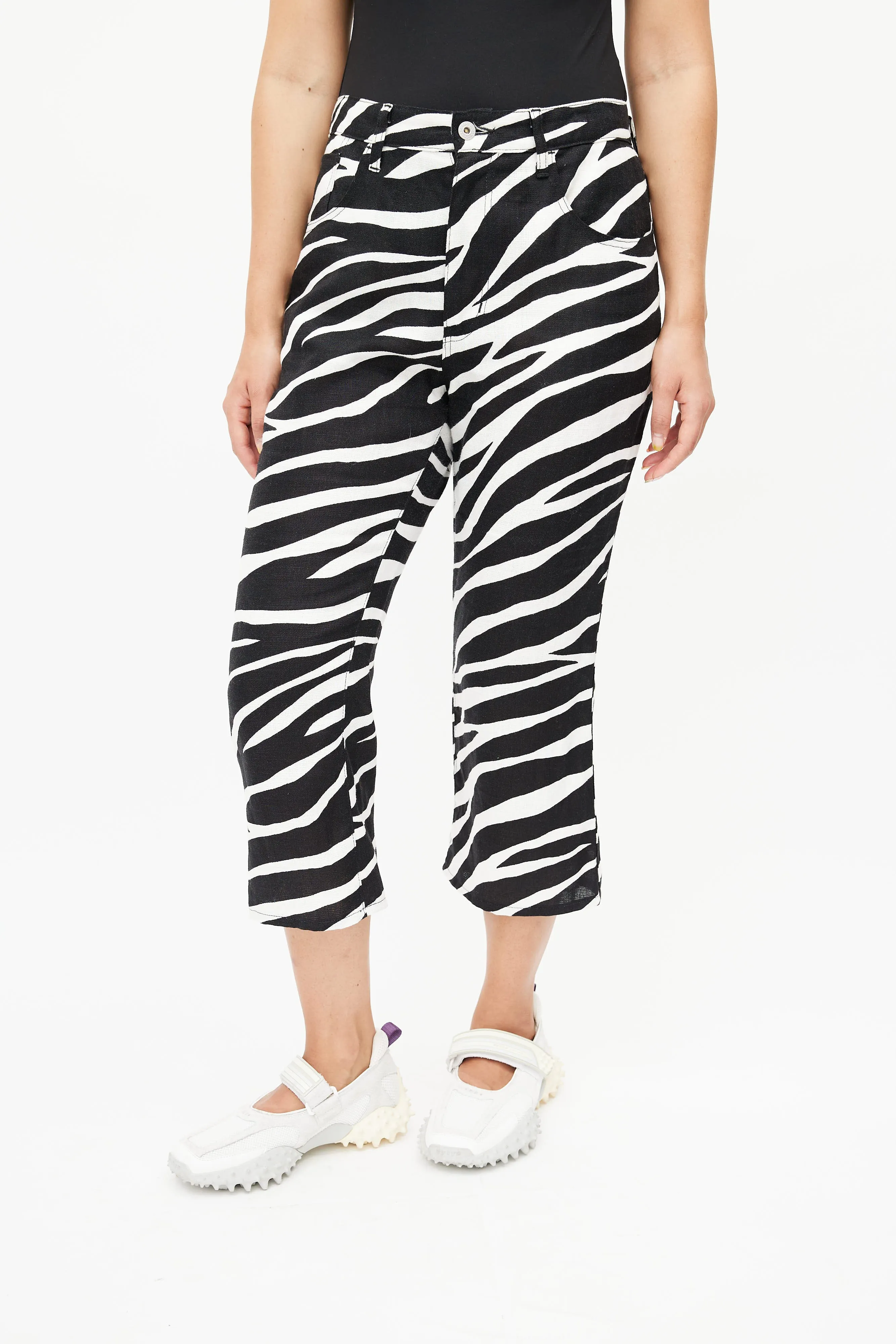 Black & White Linen Print Cropped Pant