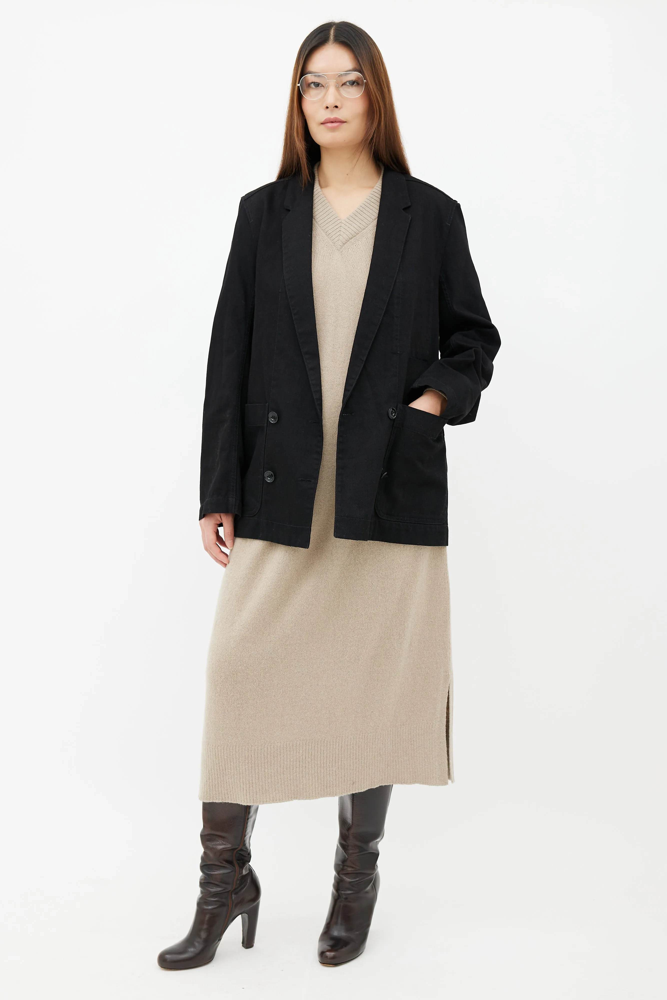 Black Cotton Denim Four-Button Blazer