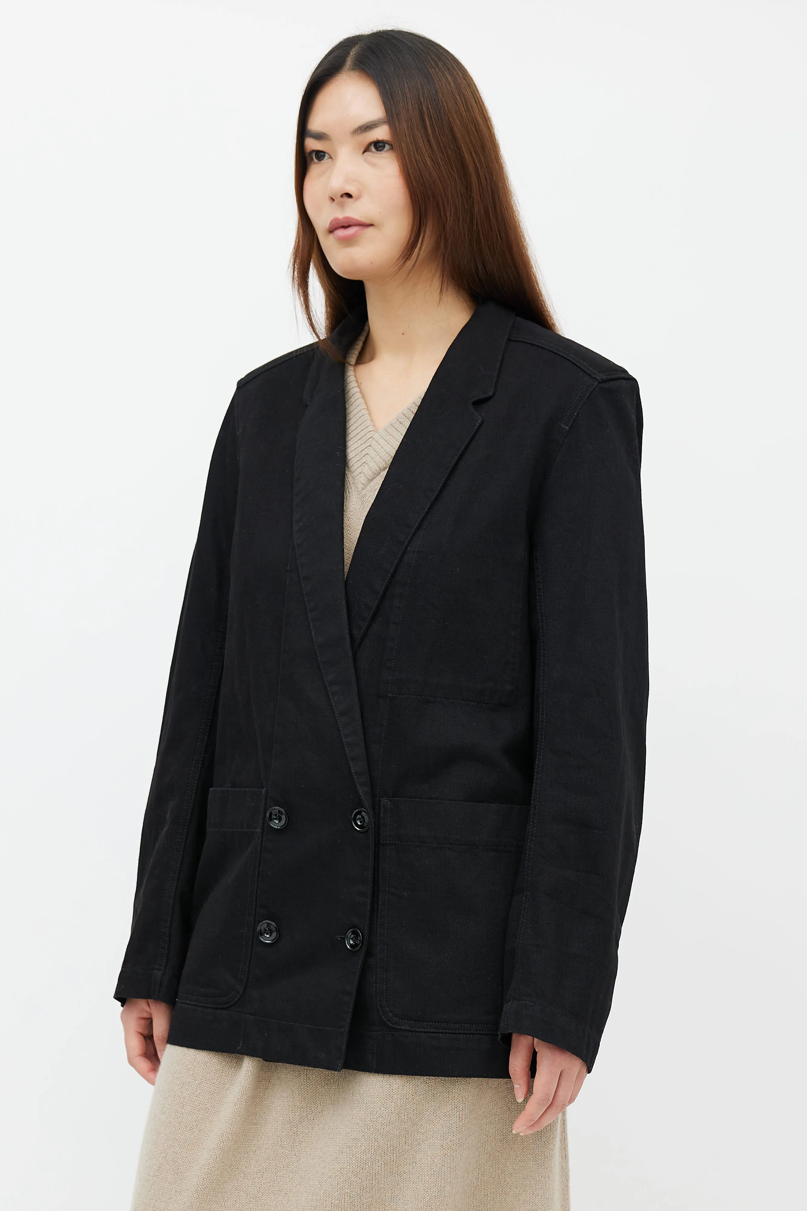 Black Cotton Denim Four-Button Blazer