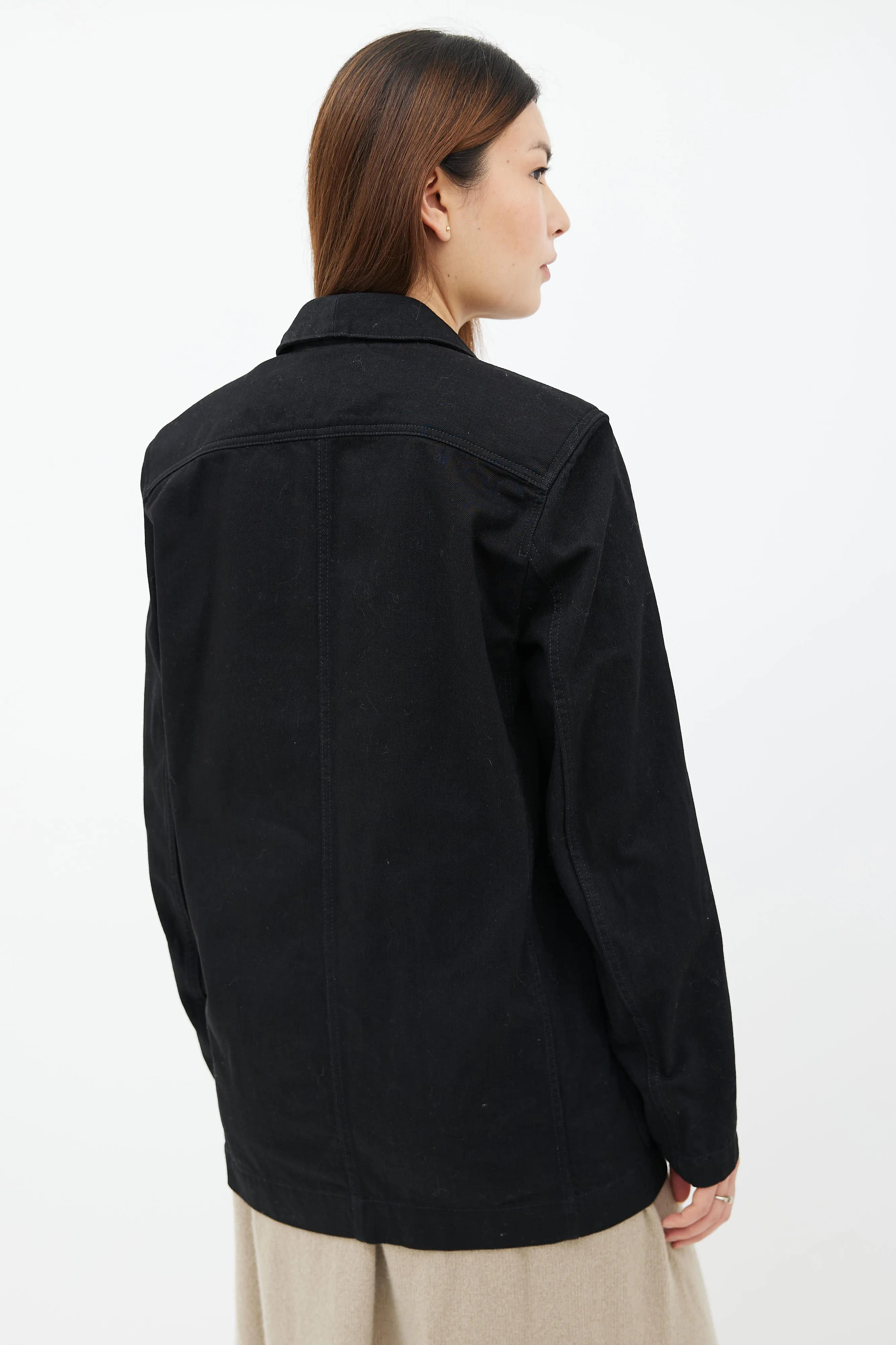 Black Cotton Denim Four-Button Blazer