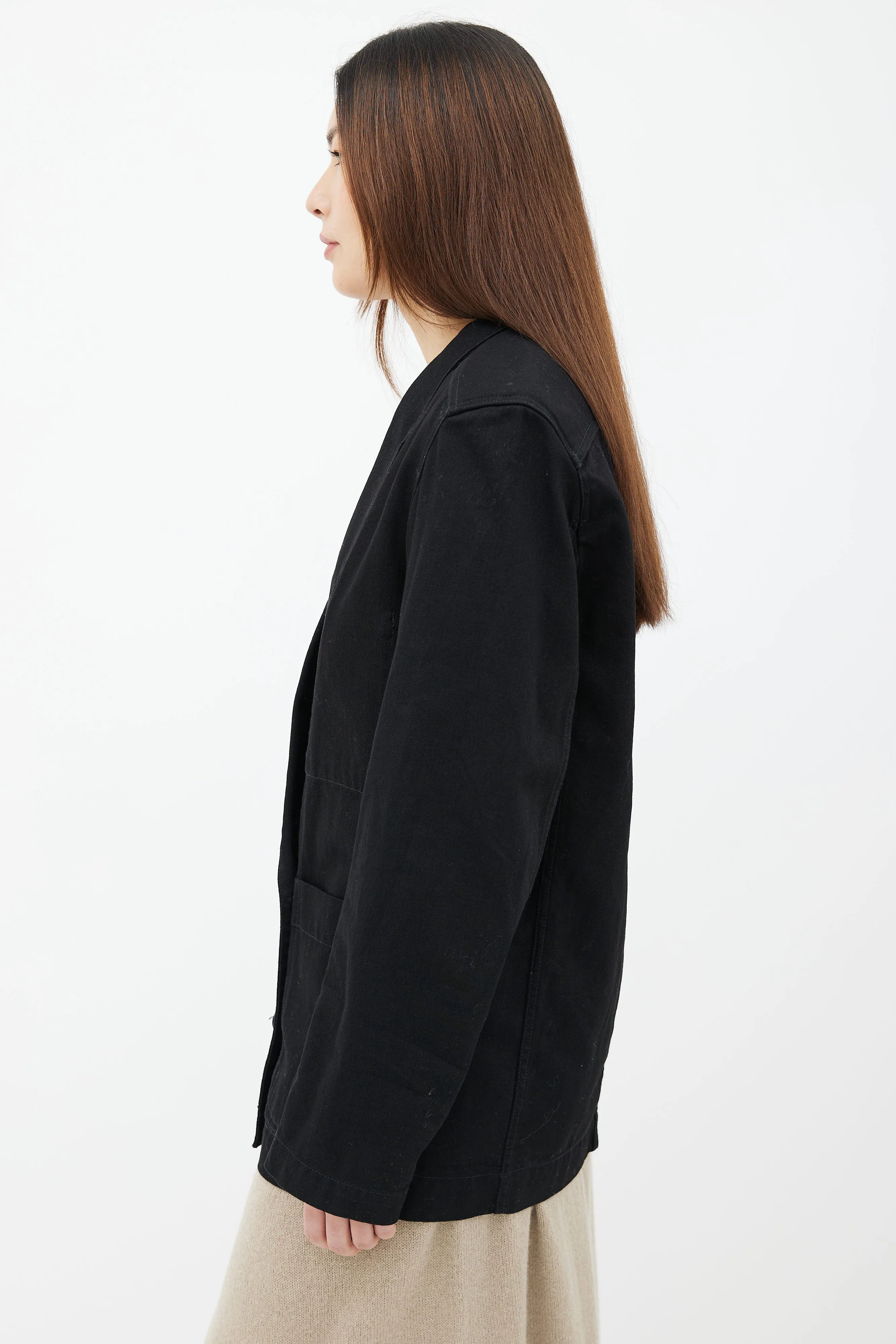 Black Cotton Denim Four-Button Blazer