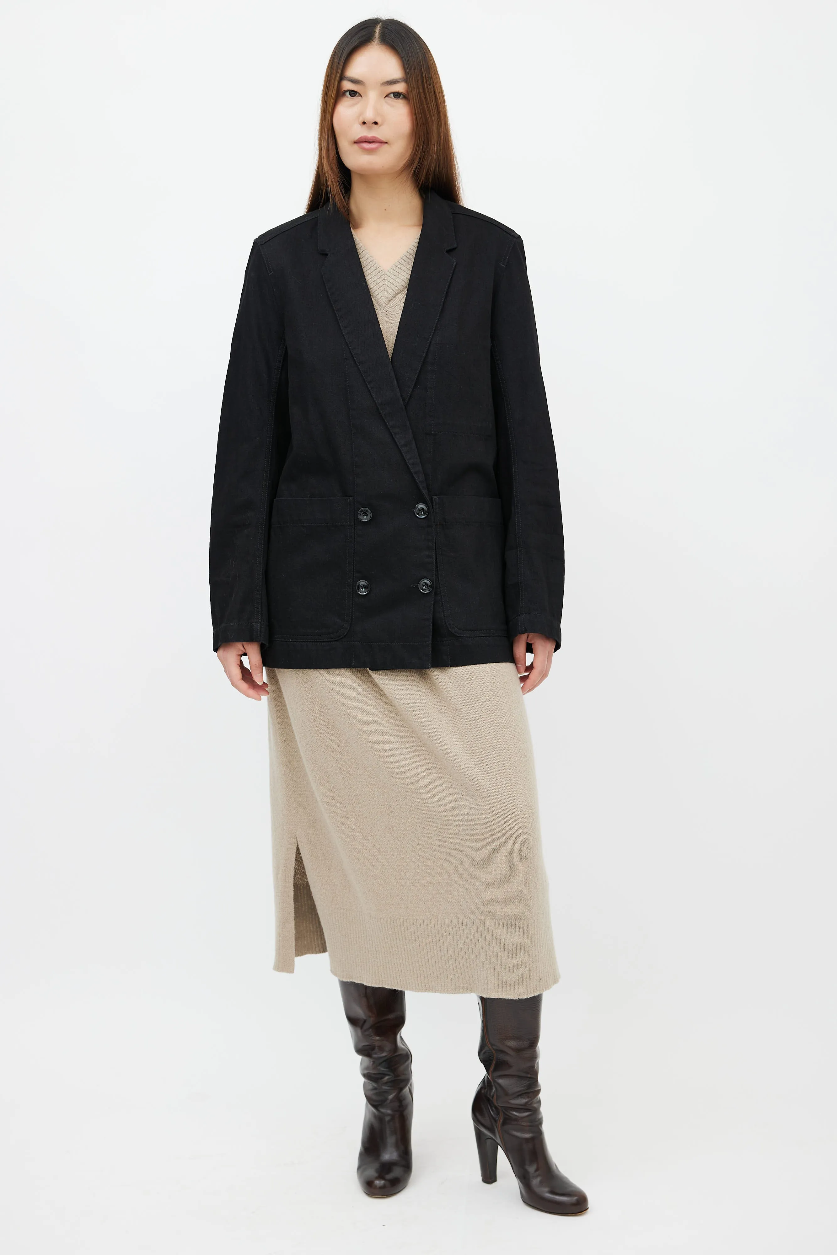 Black Cotton Denim Four-Button Blazer