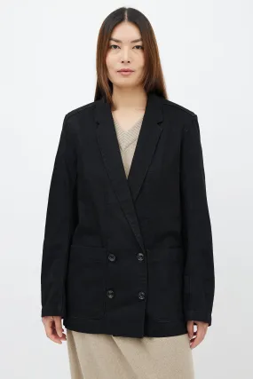 Black Cotton Denim Four-Button Blazer